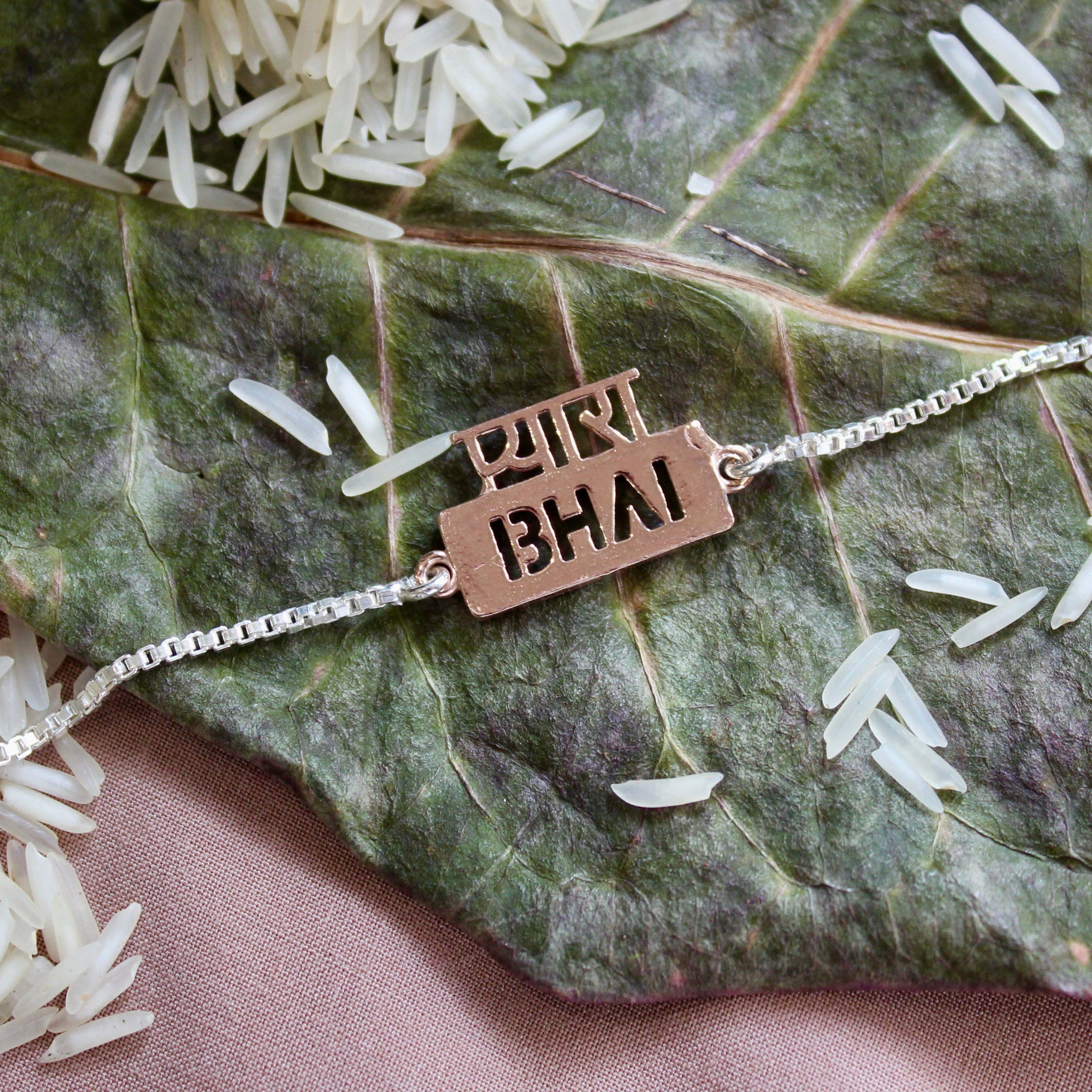 'PYARA BHAI' 925 Pure Silver Chained Rakhi in Rose Gold polish