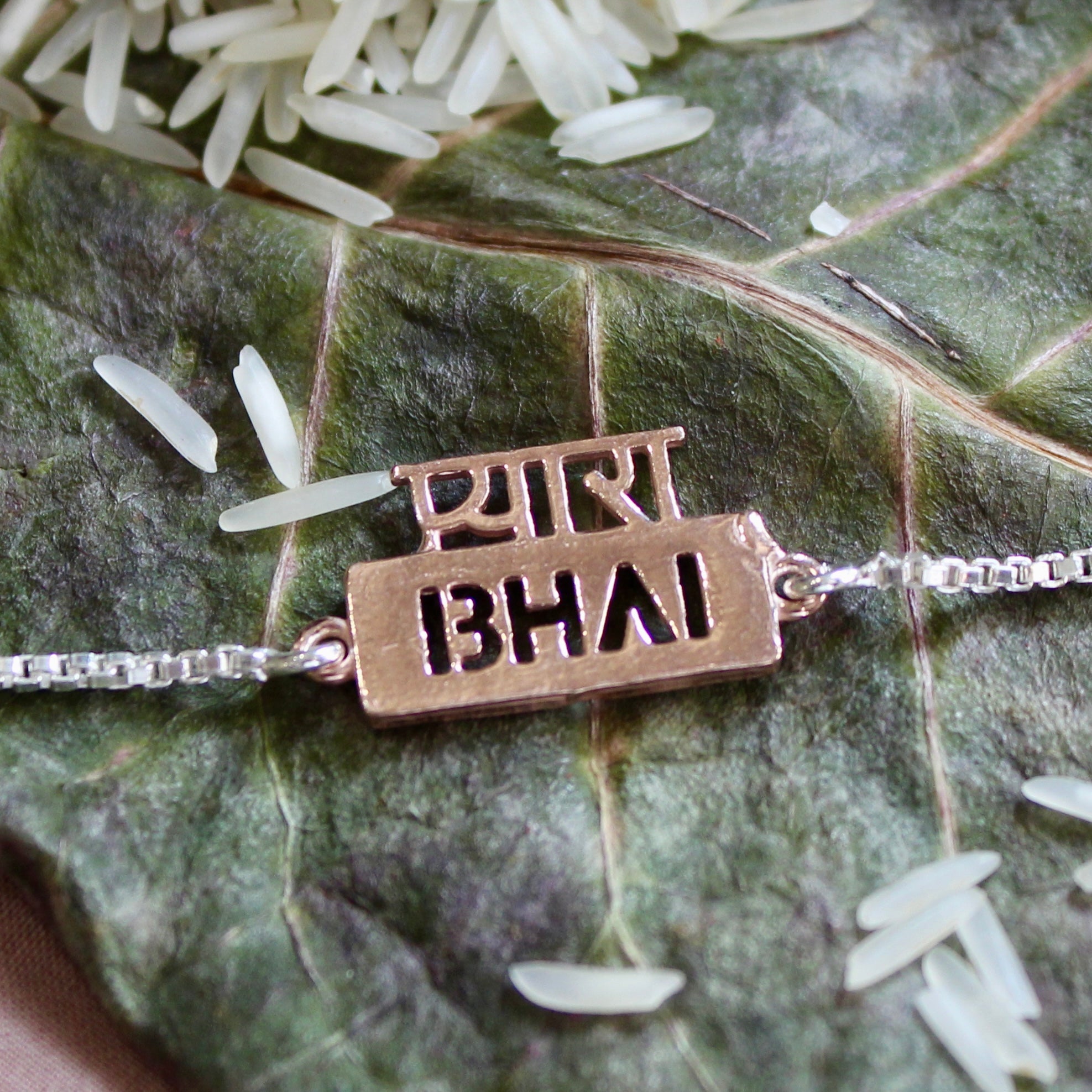 'PYARA BHAI' 925 Pure Silver Chained Rakhi in Rose Gold polish