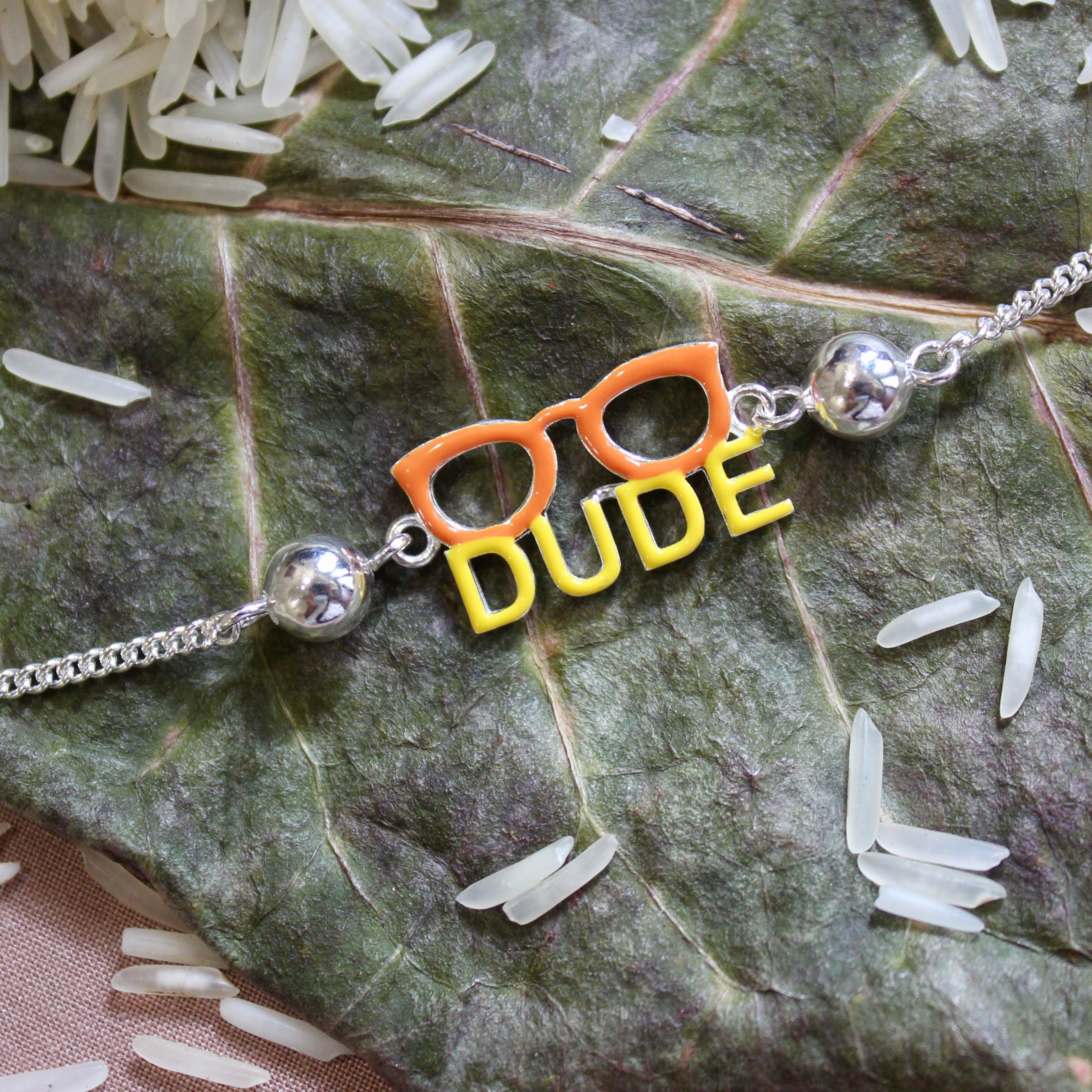 'DUDE' Silver Chained Rakhi in 925 Silver
