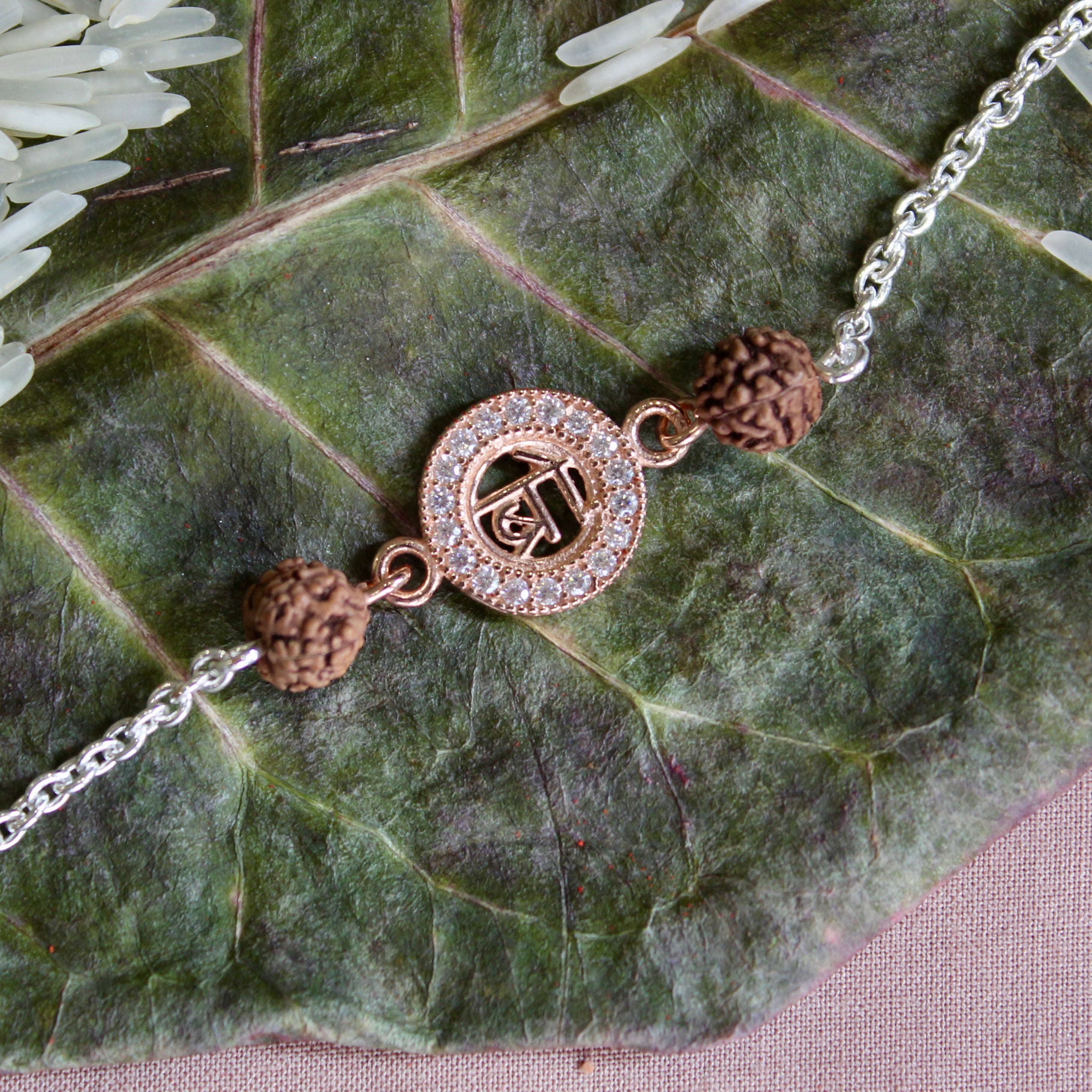 'BRO Hindi' 925 Silver Chained Rakhi in Rose Gold Polish