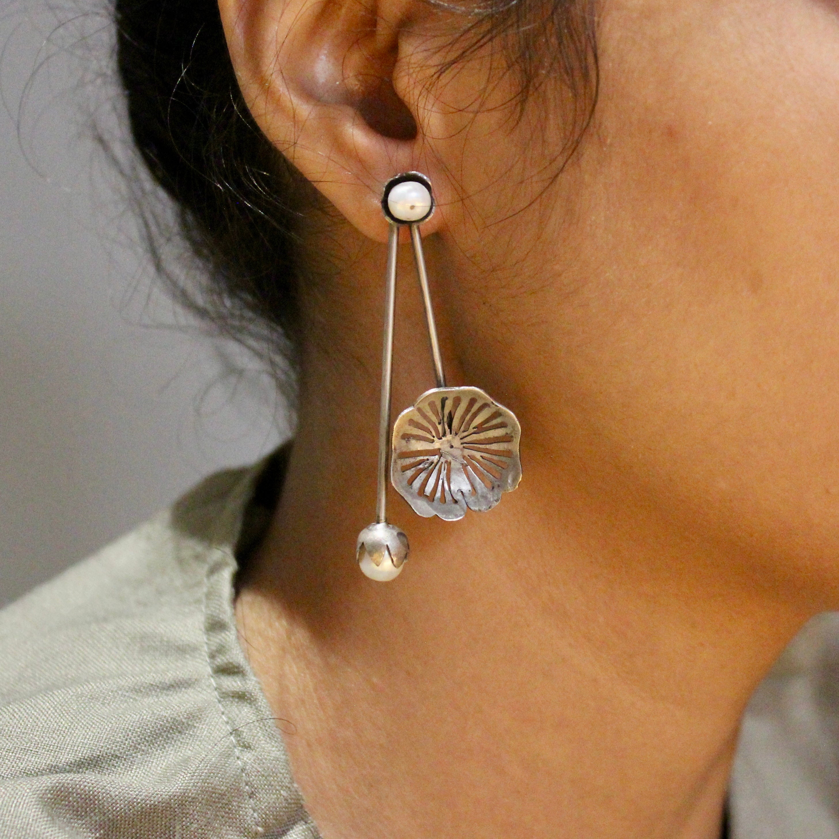 2 lined Pearls Antique Drop Pure Silver Earrings