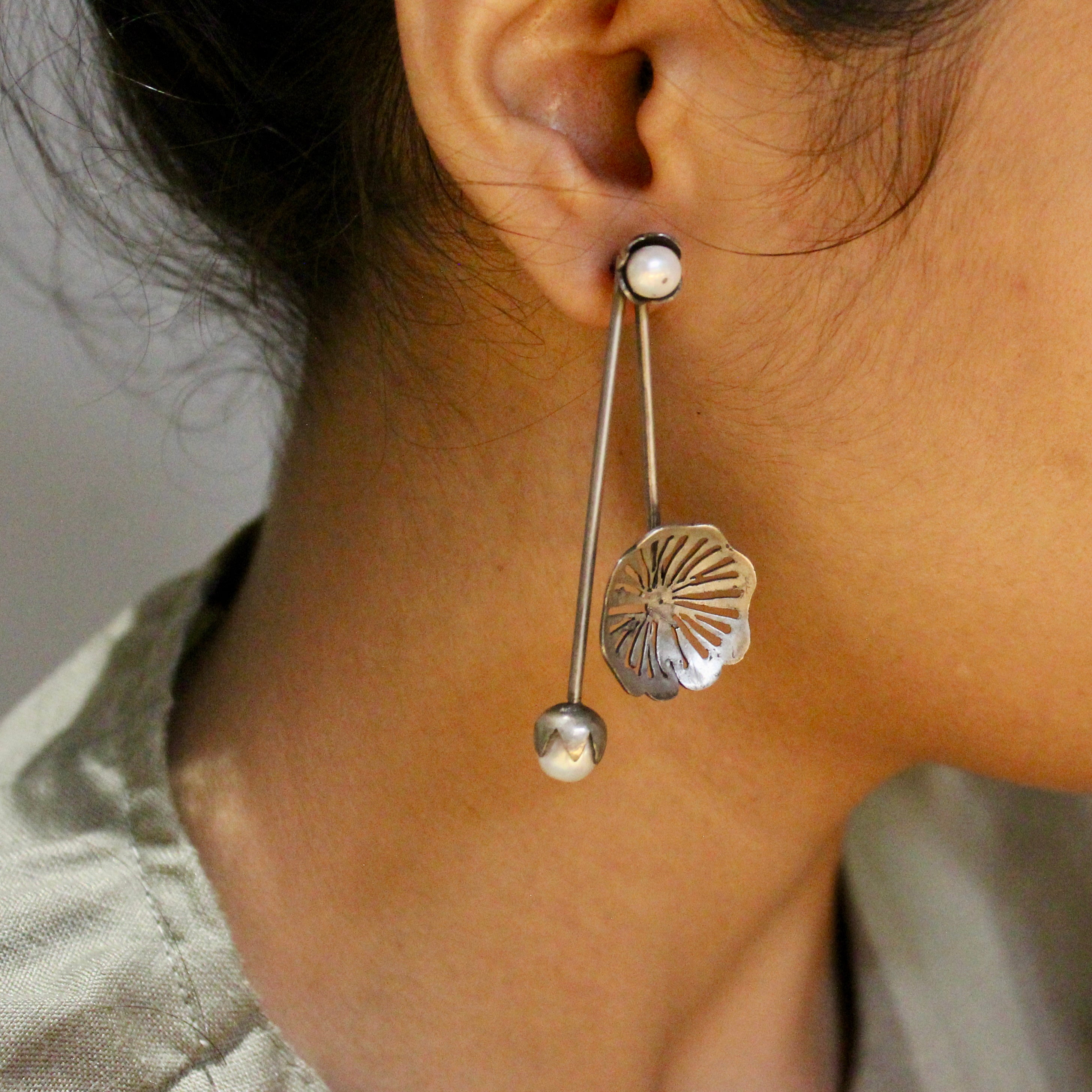 2 lined Pearls Antique Drop Pure Silver Earrings