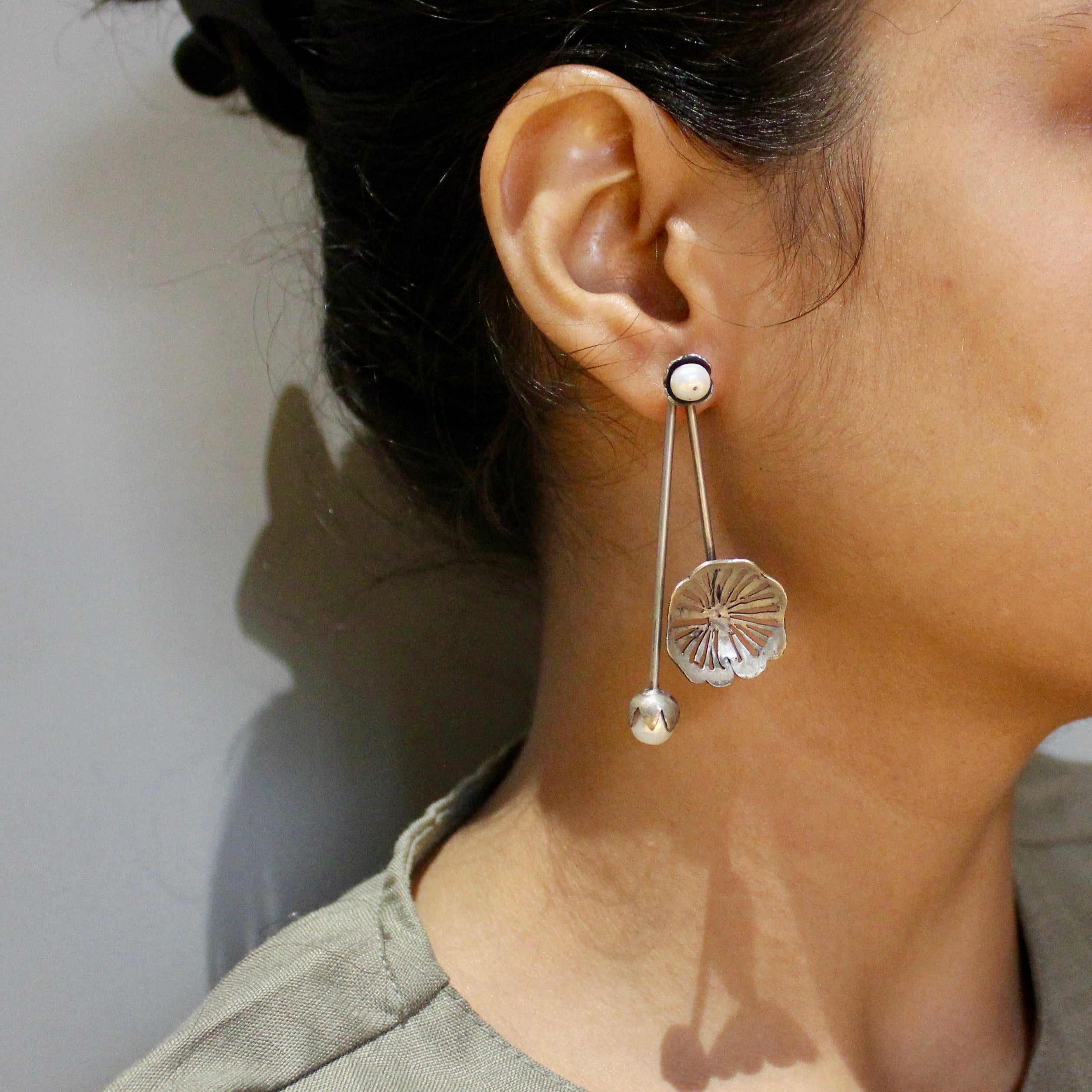 2 lined Pearls Antique Drop Pure Silver Earrings