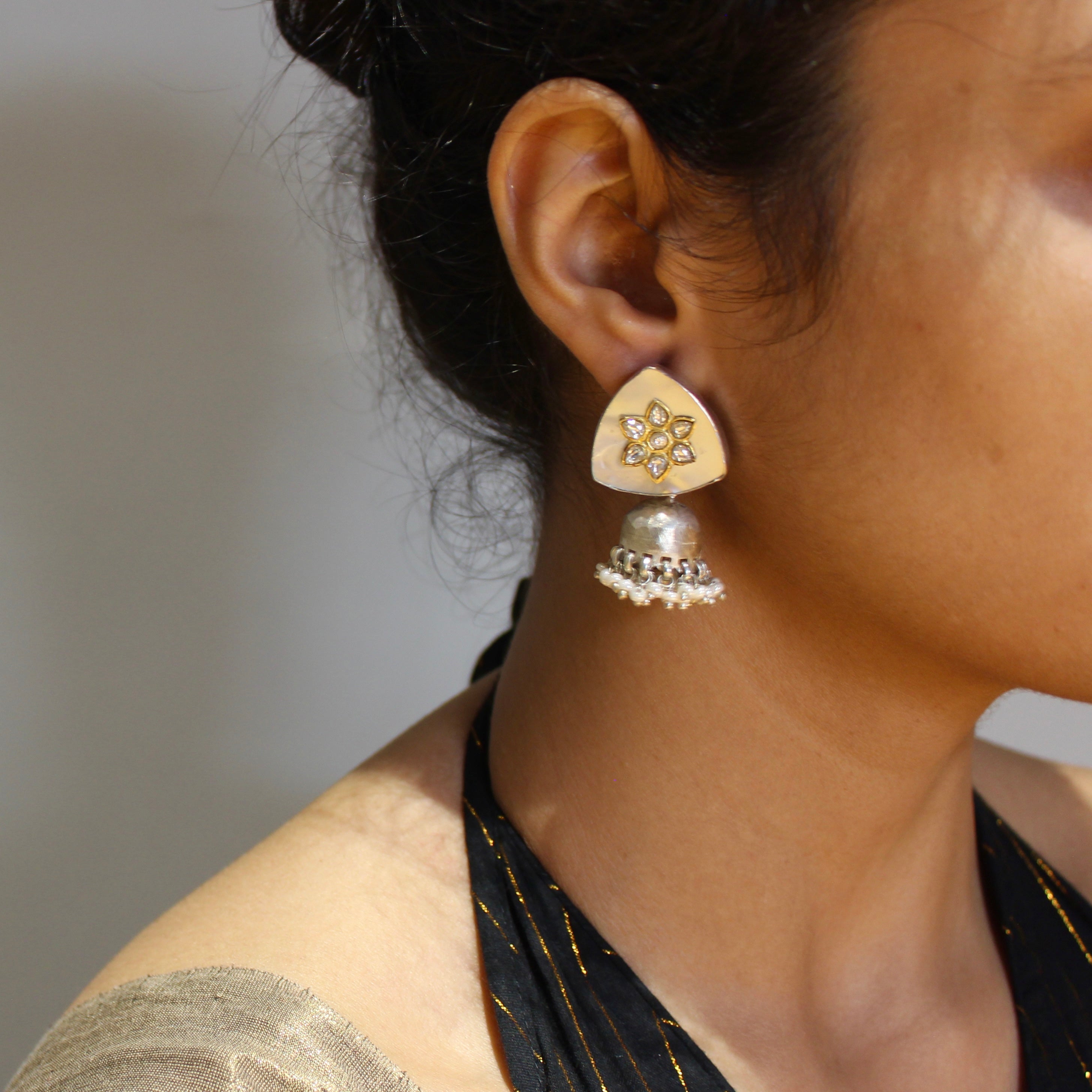 White Stone Triangle 925 Silver Jhumkas With Pearl Hangings