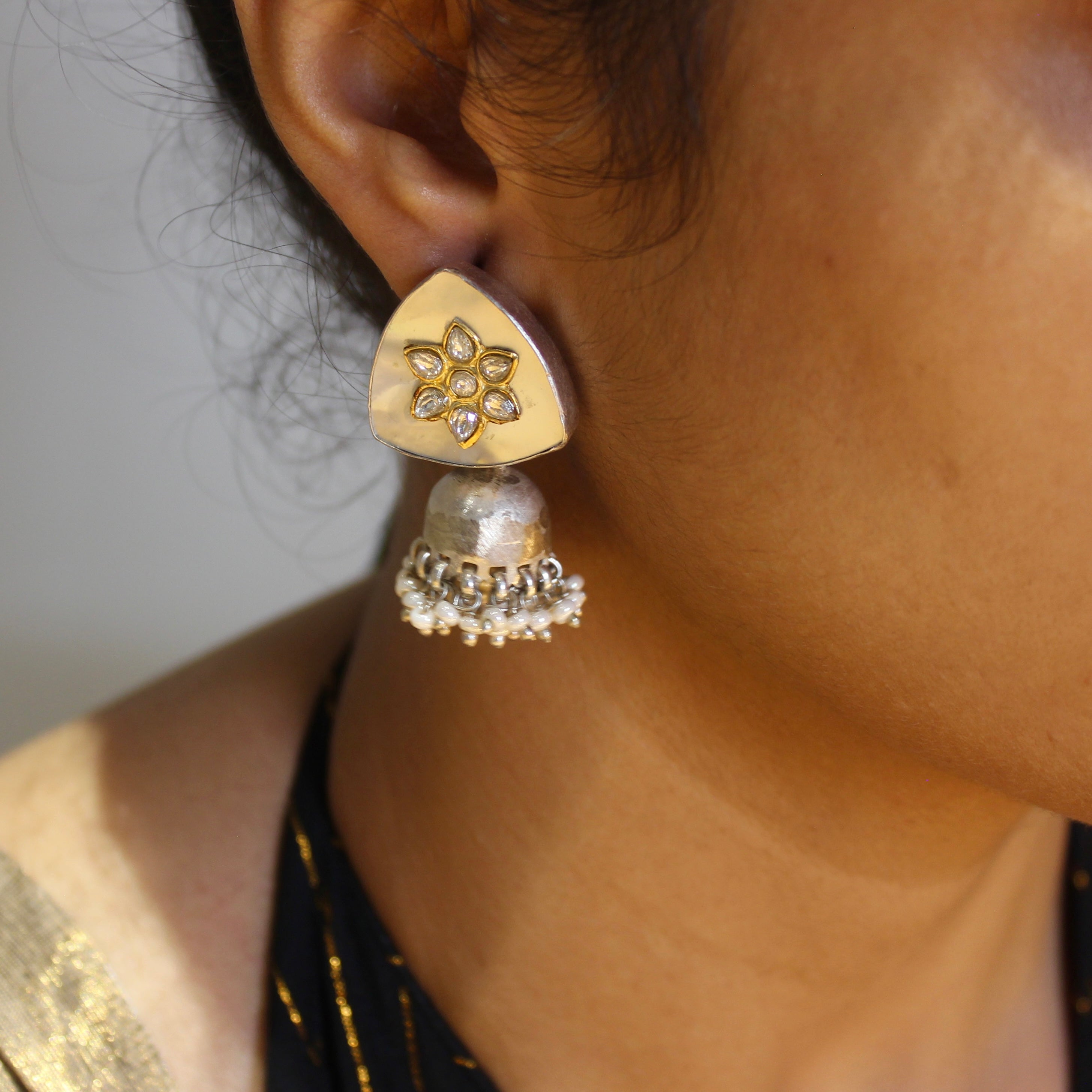 White Stone Triangle 925 Silver Jhumkas With Pearl Hangings