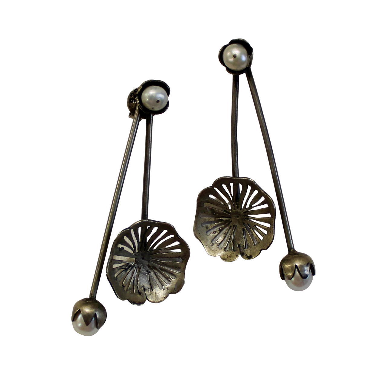 2 lined Pearls Antique Drop Pure Silver Earrings