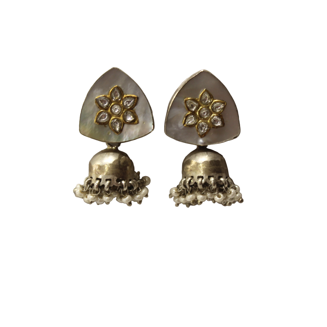 White Stone Triangle 925 Silver Jhumkas With Pearl Hangings