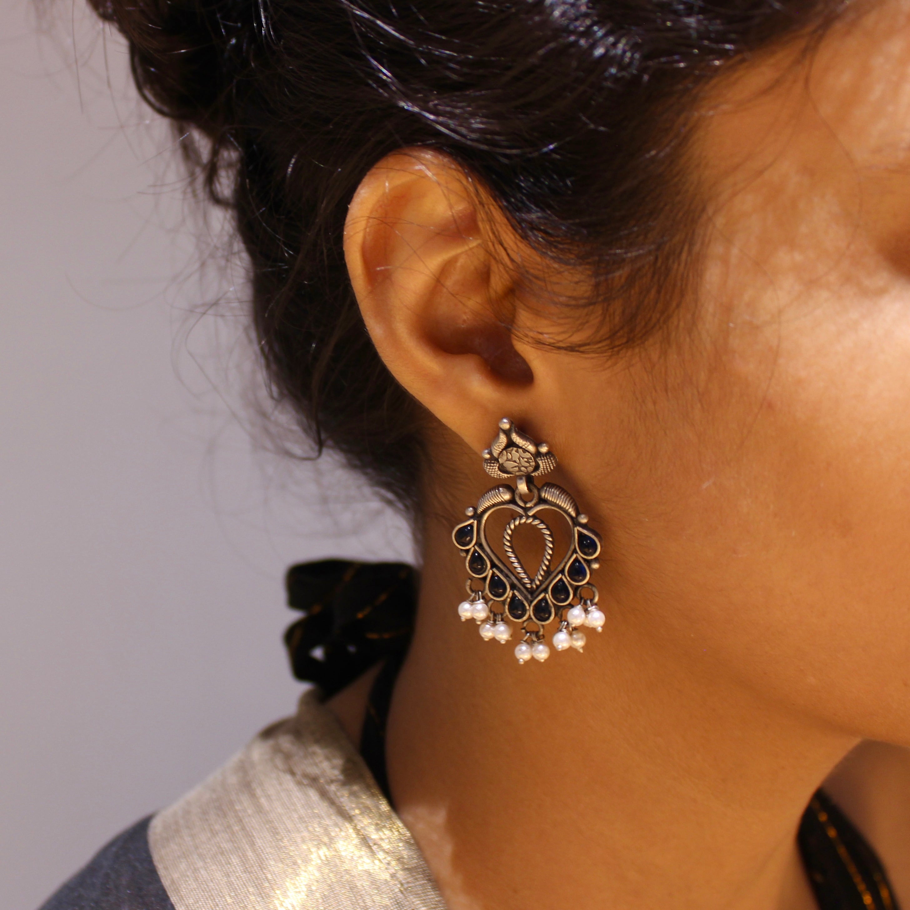 Sapphire Stones Antique Hanging 925 Silver Jhumkas