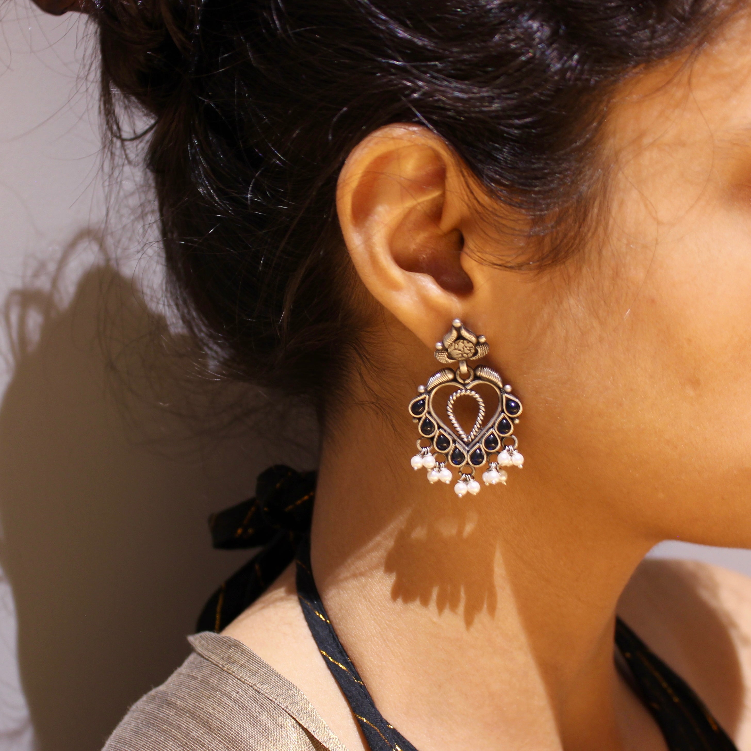 Sapphire Stones Antique Hanging 925 Silver Jhumkas