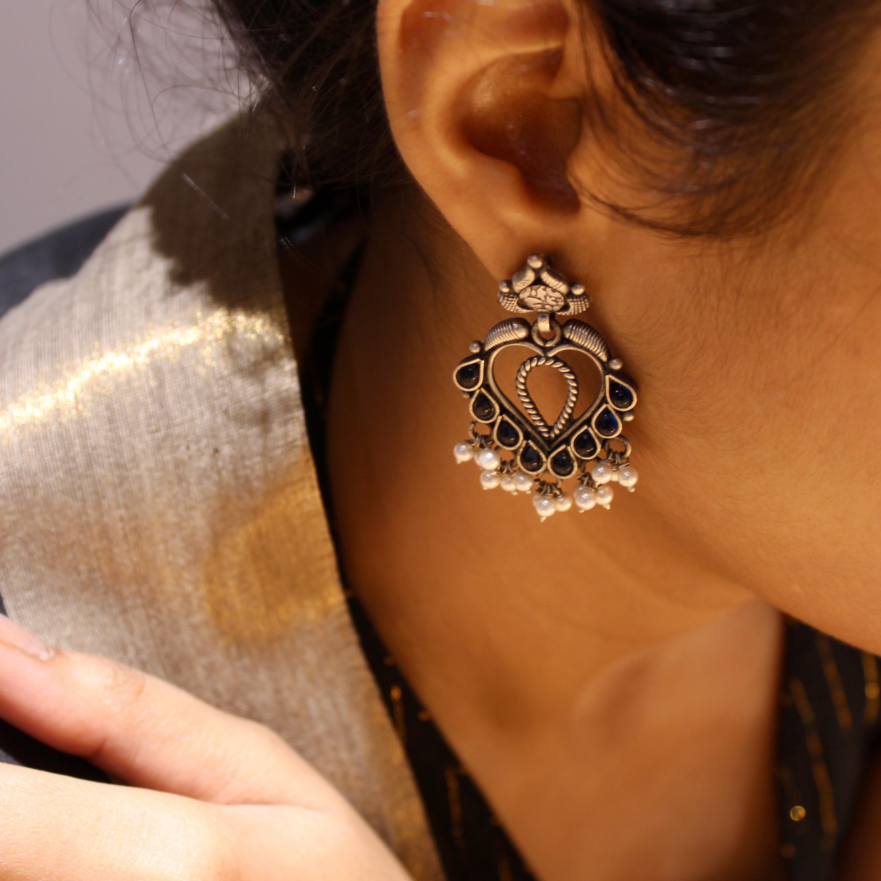 Sapphire Stones Antique Hanging 925 Silver Jhumkas