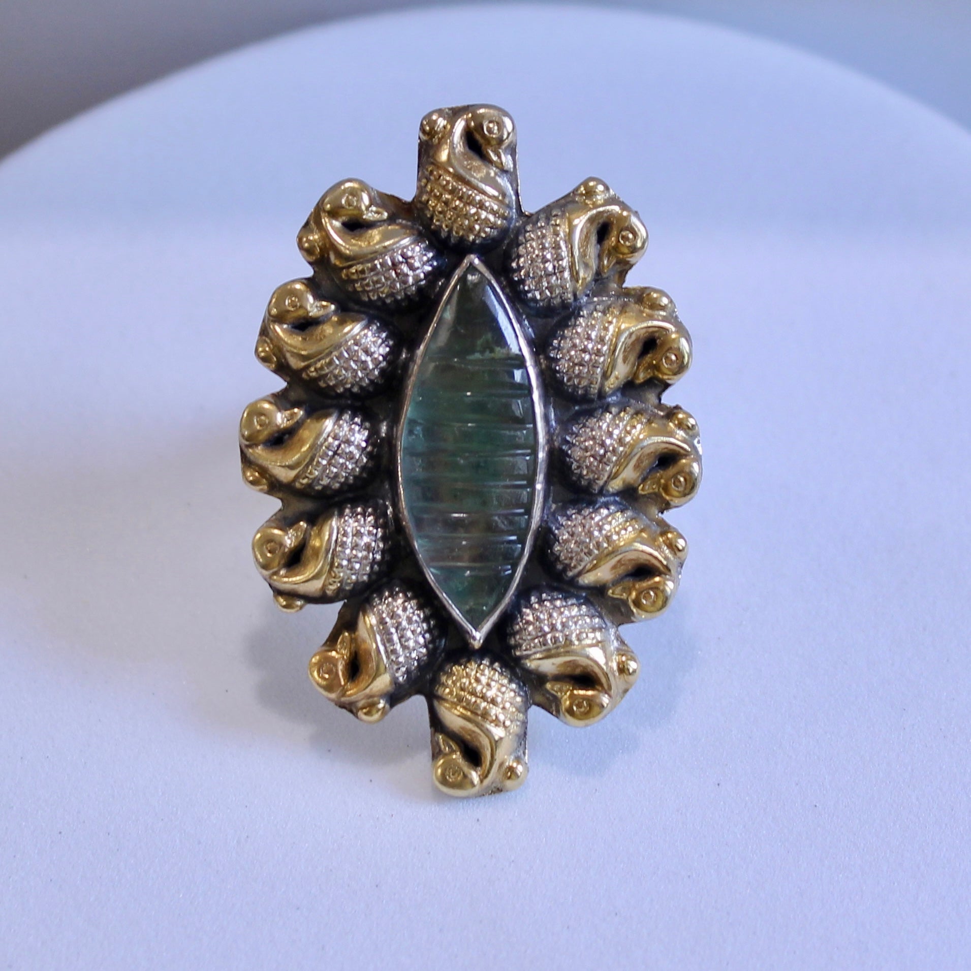 Pastel Green oval 925 Silver Ring in Gold Polish- Free size