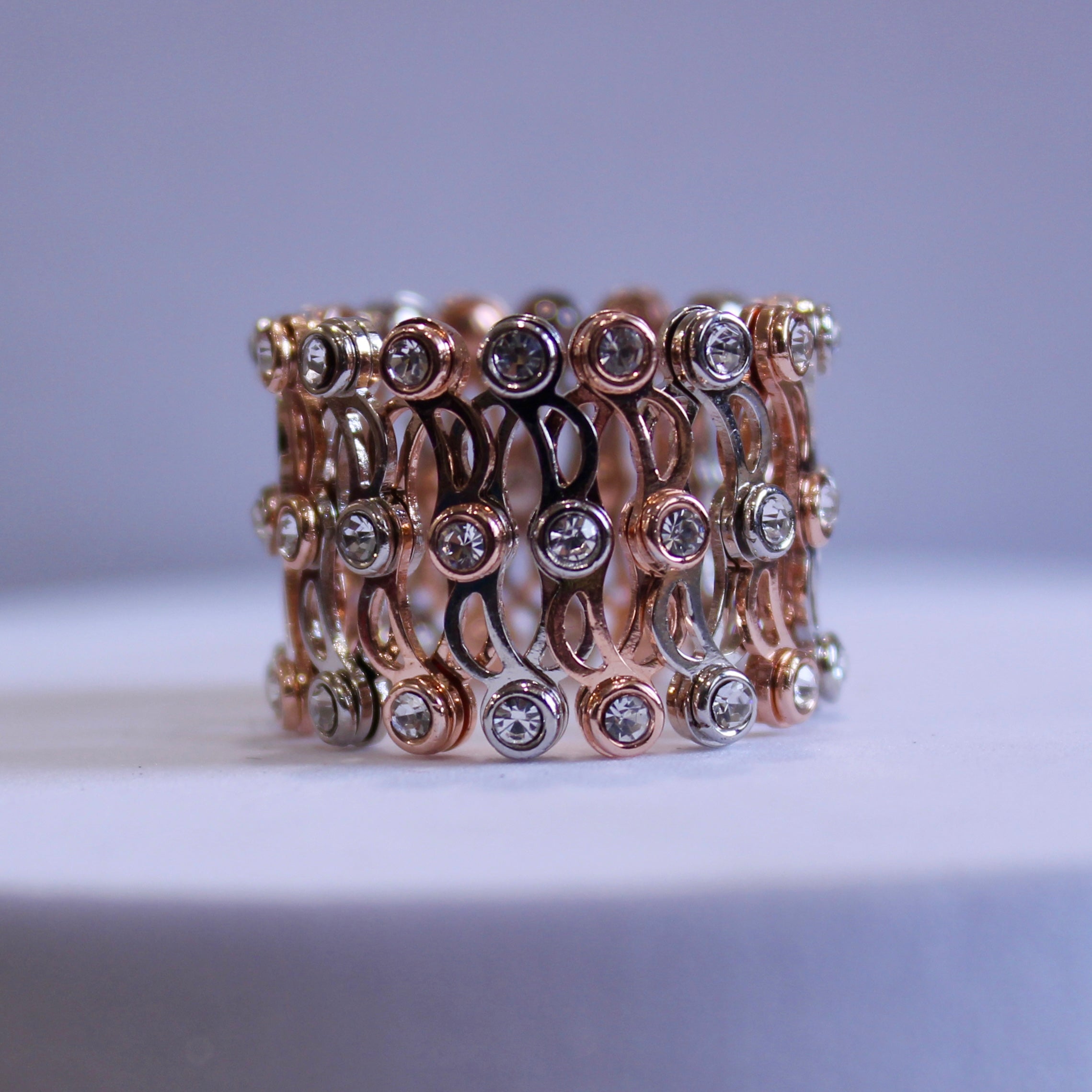 92.5 Sterling Silver Zigzag Ring cum Bracelet Rose gold with Stones