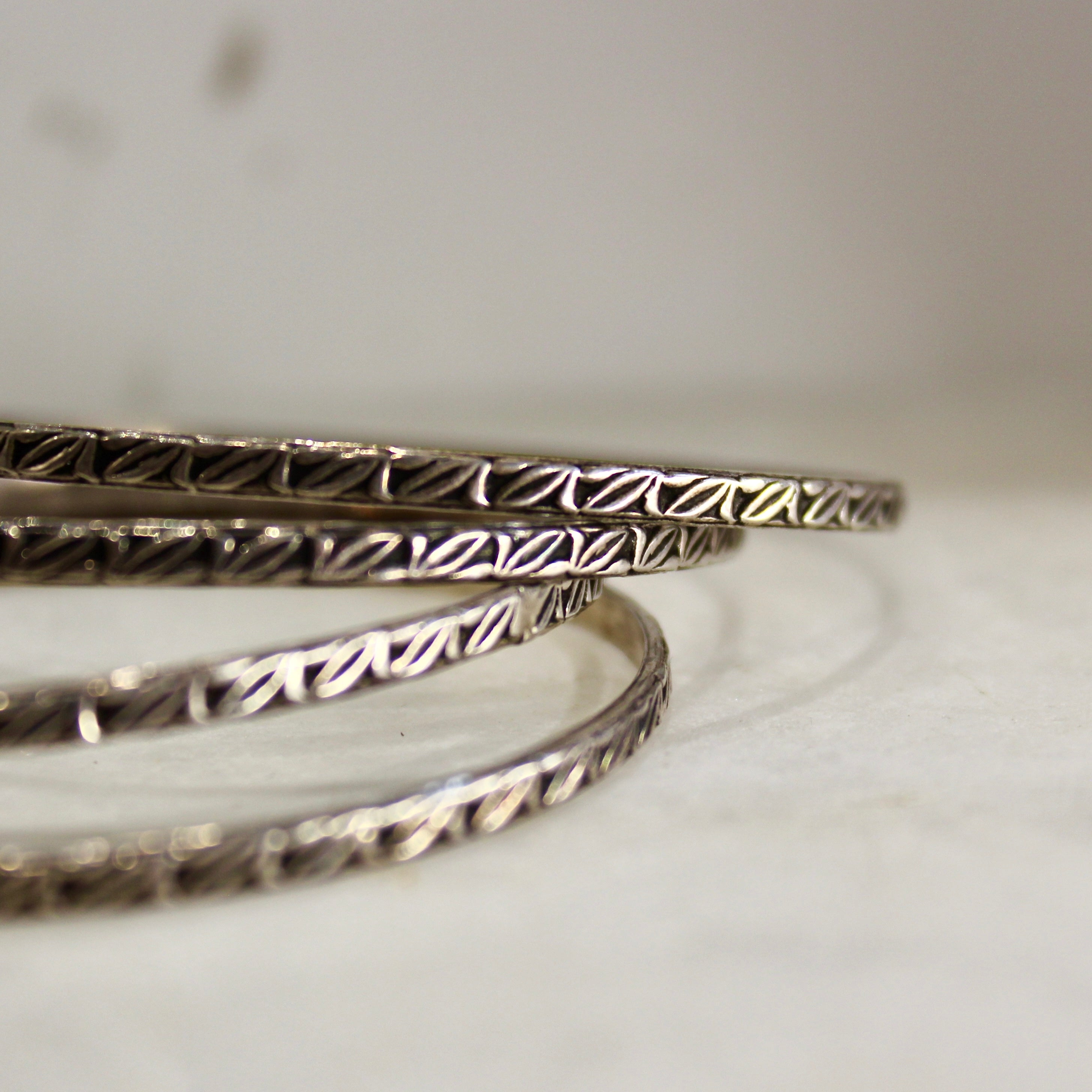 Leaf Patterned Oxidised Bangles in pure silver- PAIR