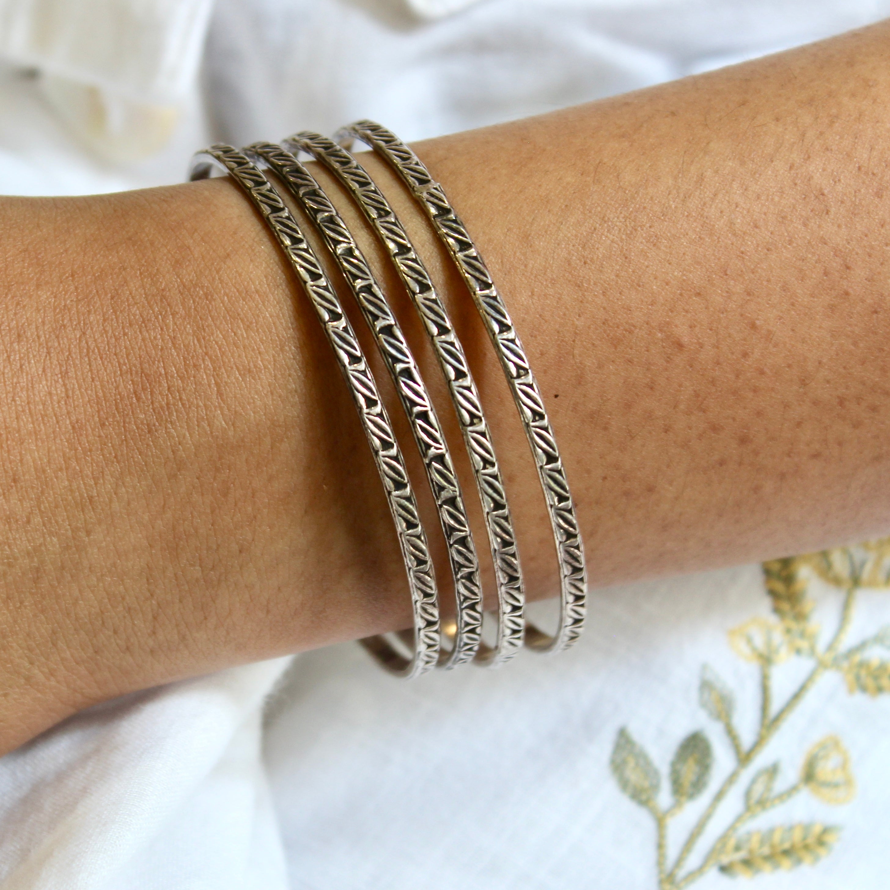Leaf Patterned Oxidised Bangles in pure silver- PAIR