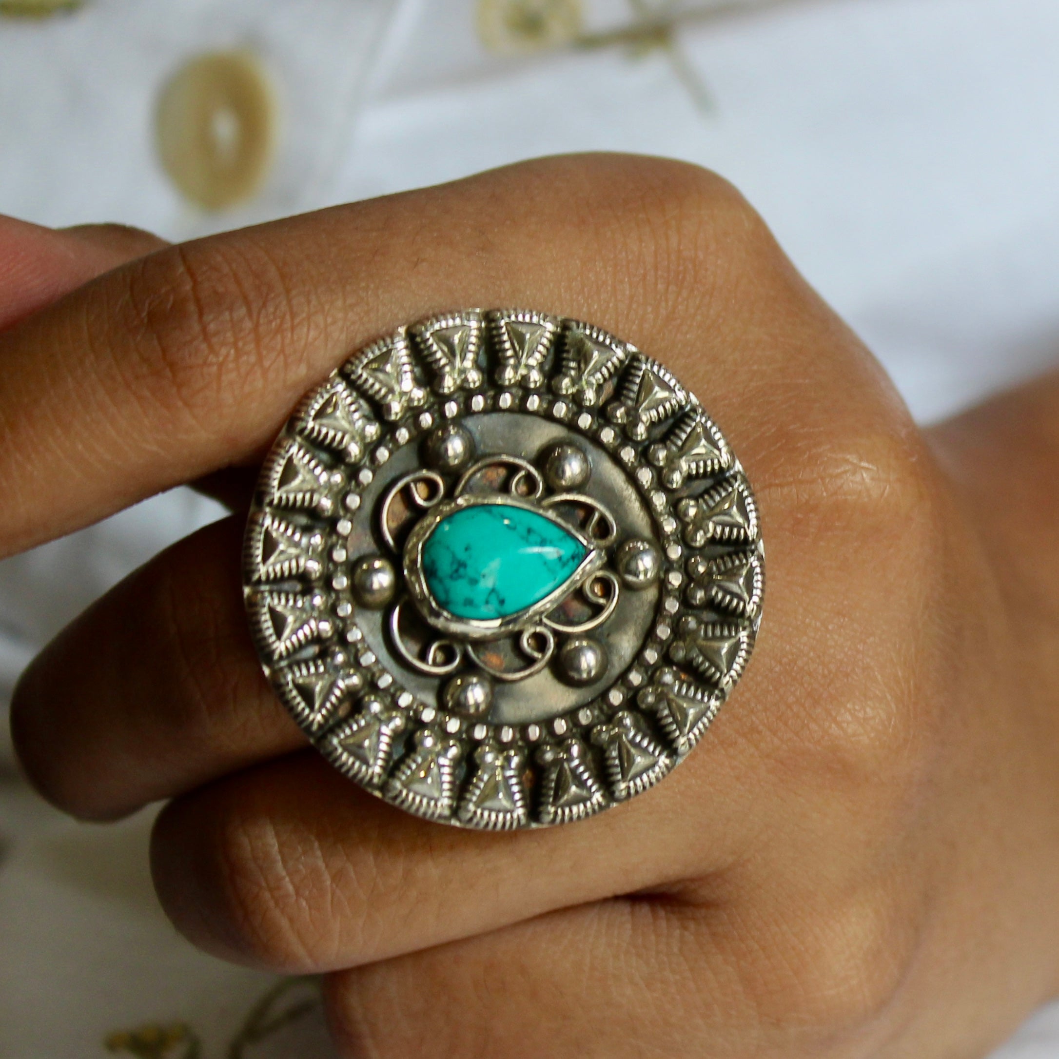 Teal Stone Pure Silver Oxidised Ring- Free size