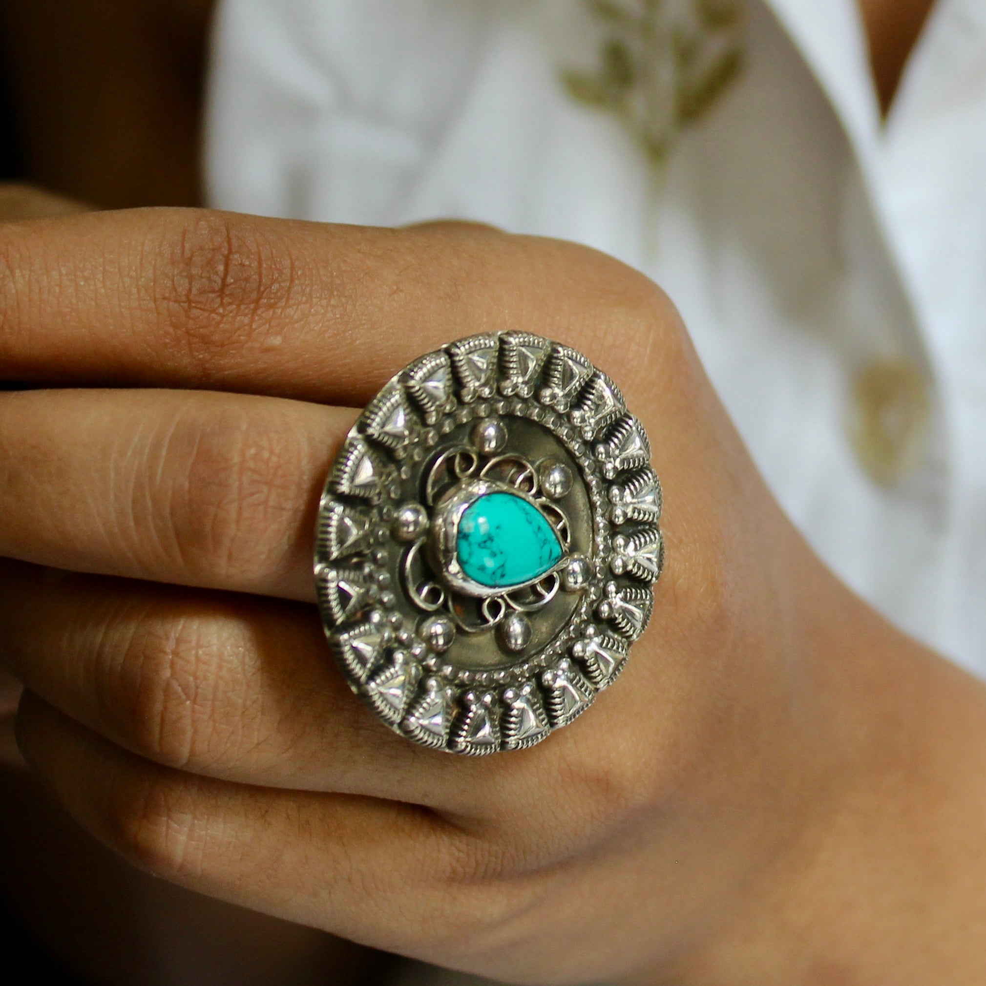 Teal Stone Pure Silver Oxidised Ring- Free size