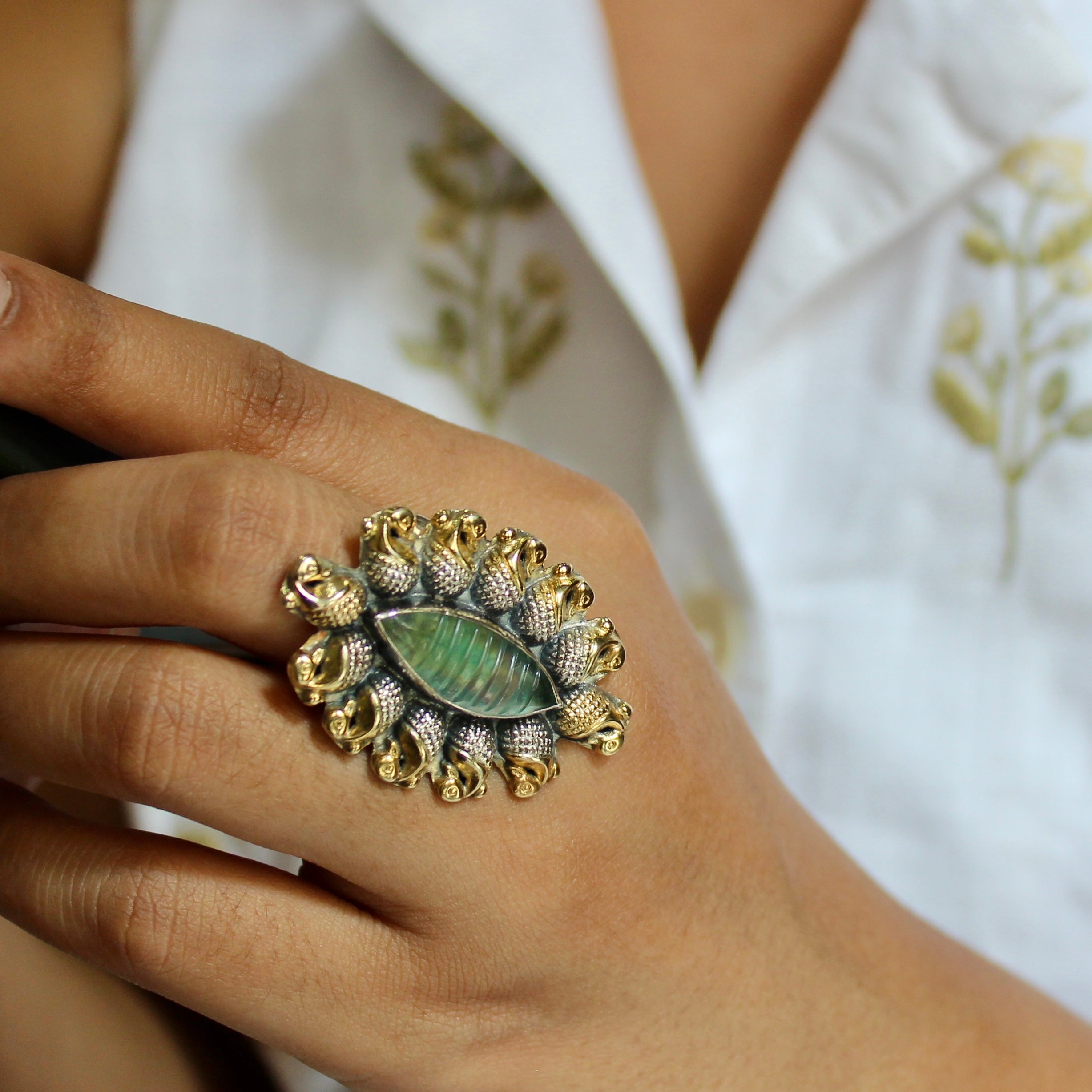 Pastel Green oval 925 Silver Ring in Gold Polish- Free size
