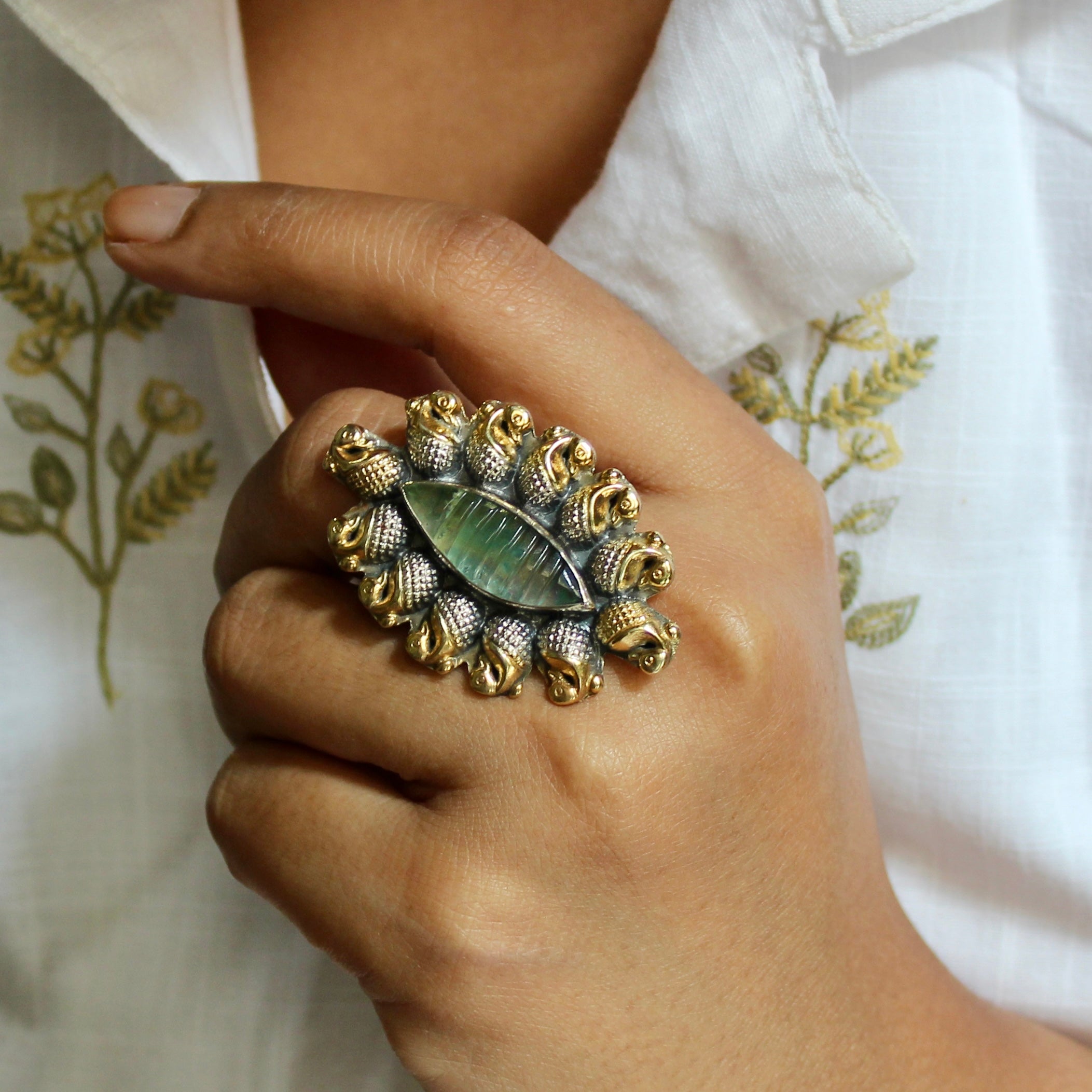 Pastel Green oval 925 Silver Ring in Gold Polish- Free size
