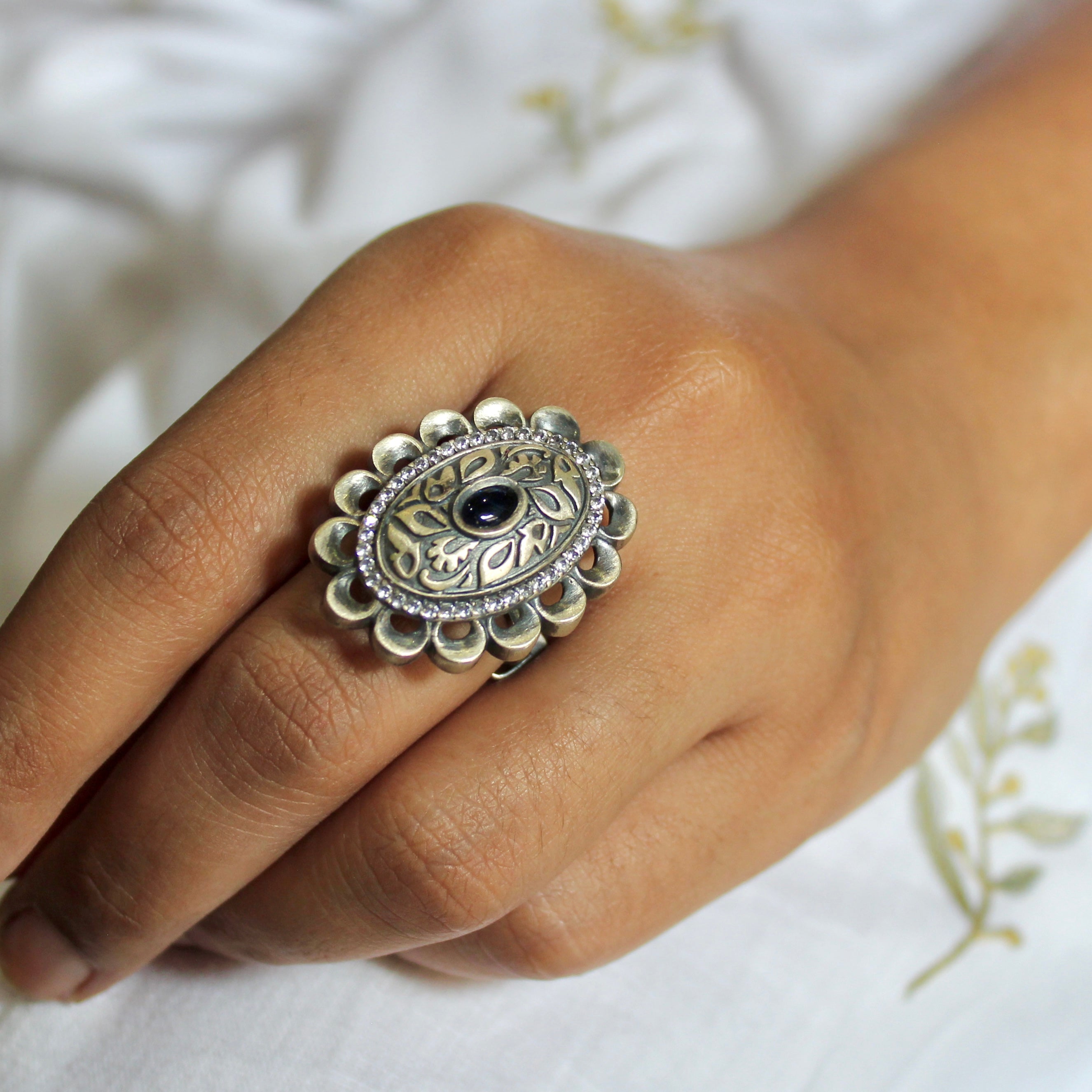 Sapphire Stone Oval Pure Silver Ring- Free size