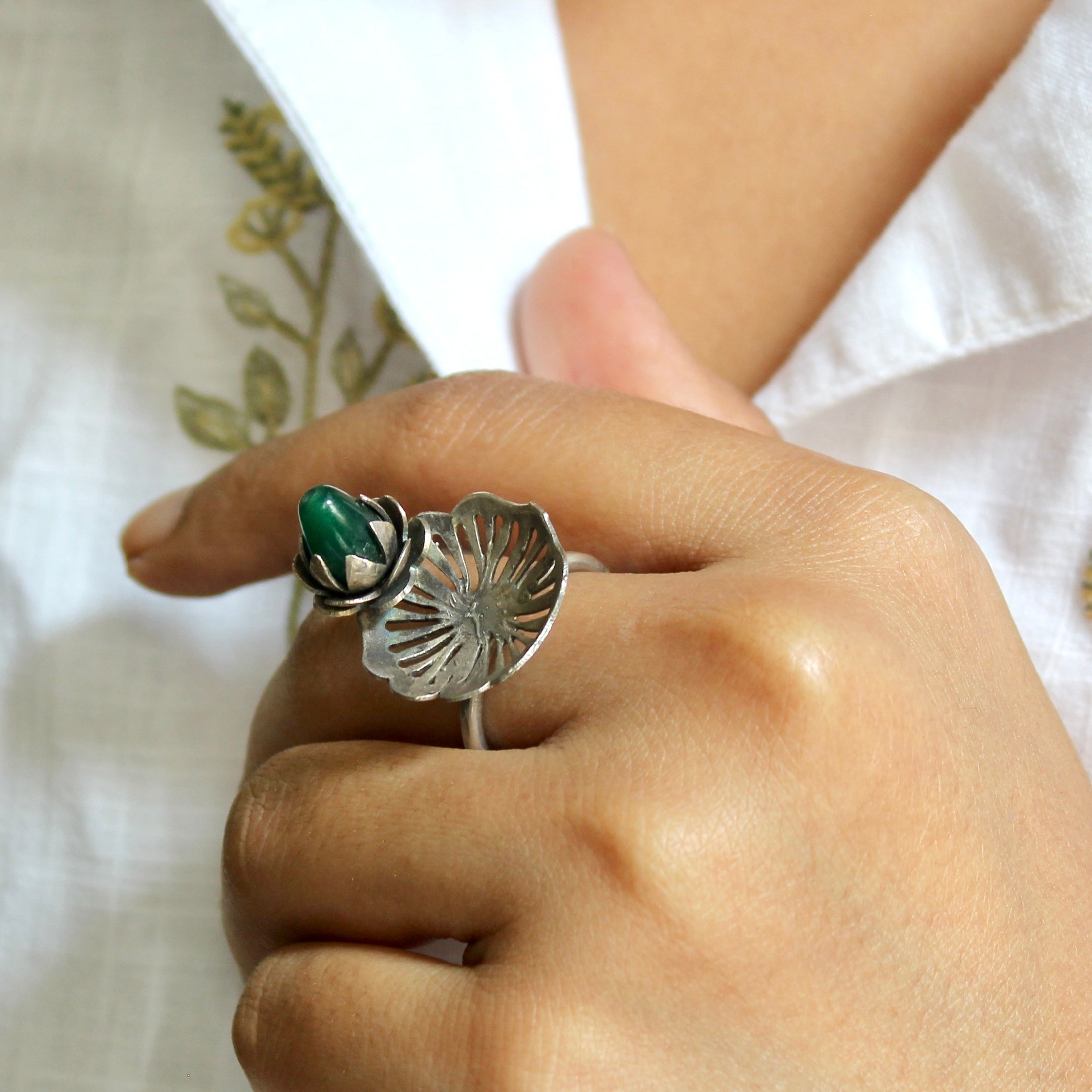 Rise Above Emerald on Top Oxidised Silver Ring- Free size