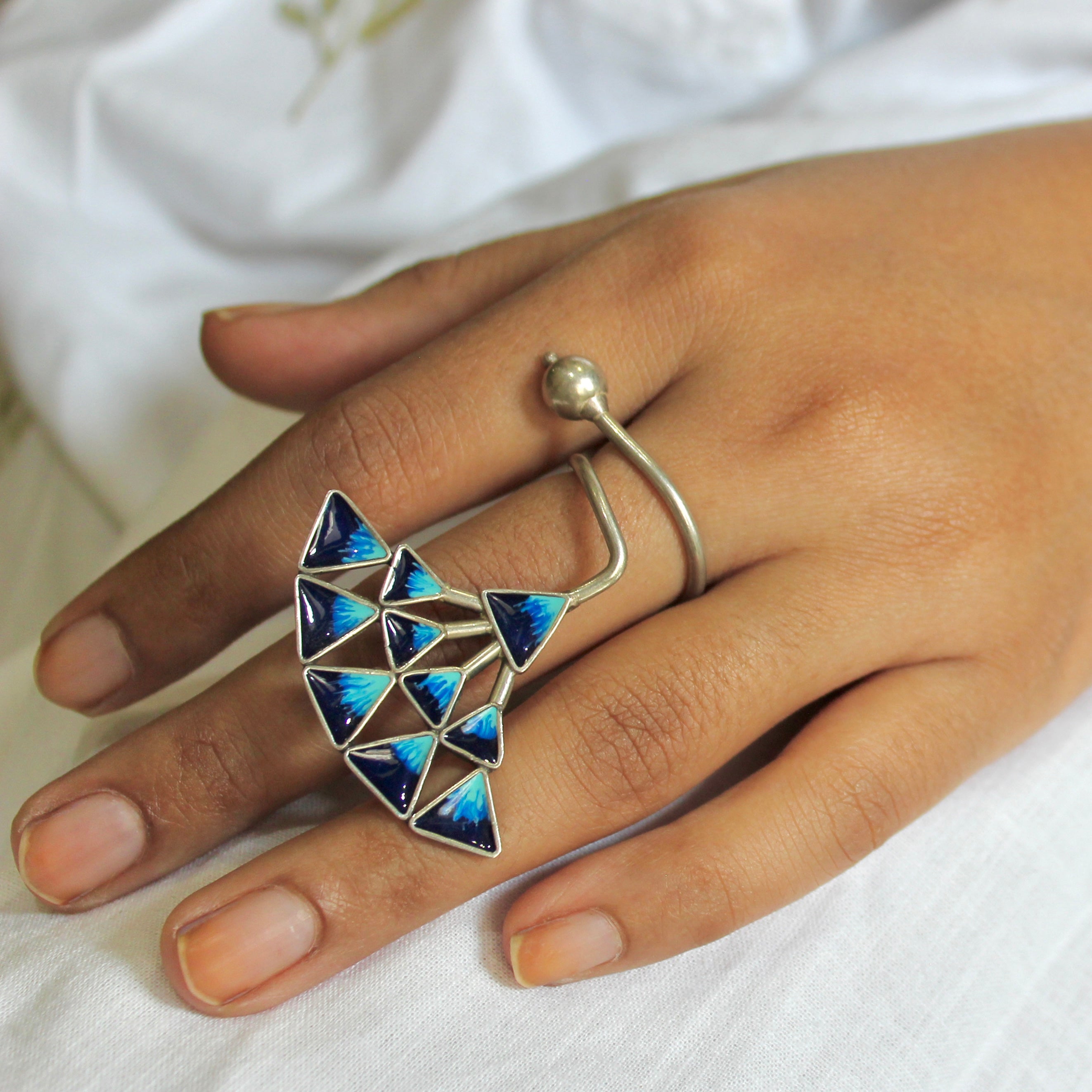 Shaded Blue Cube Silver Antique Pure Ring- Free size
