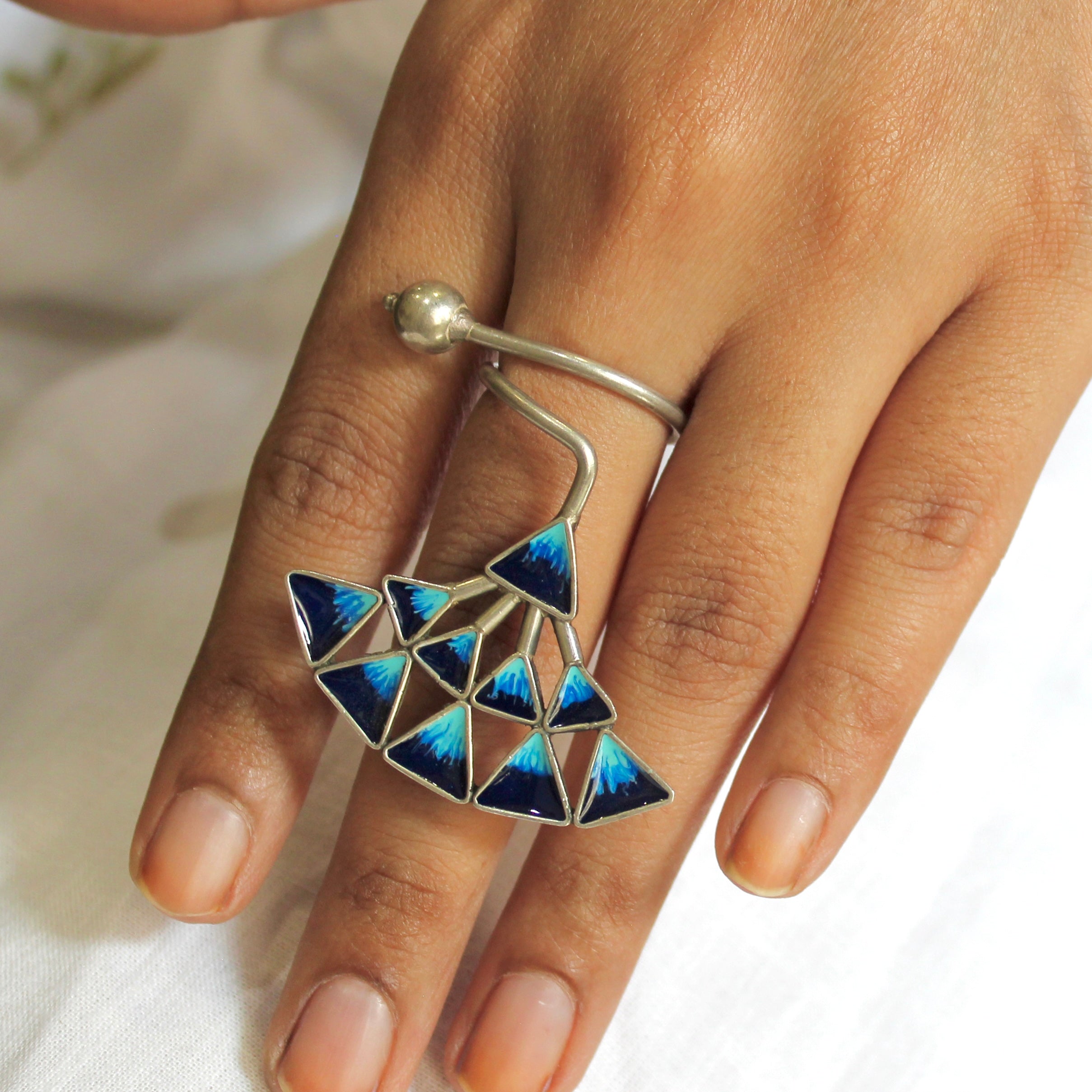 Shaded Blue Cube Silver Antique Pure Ring- Free size