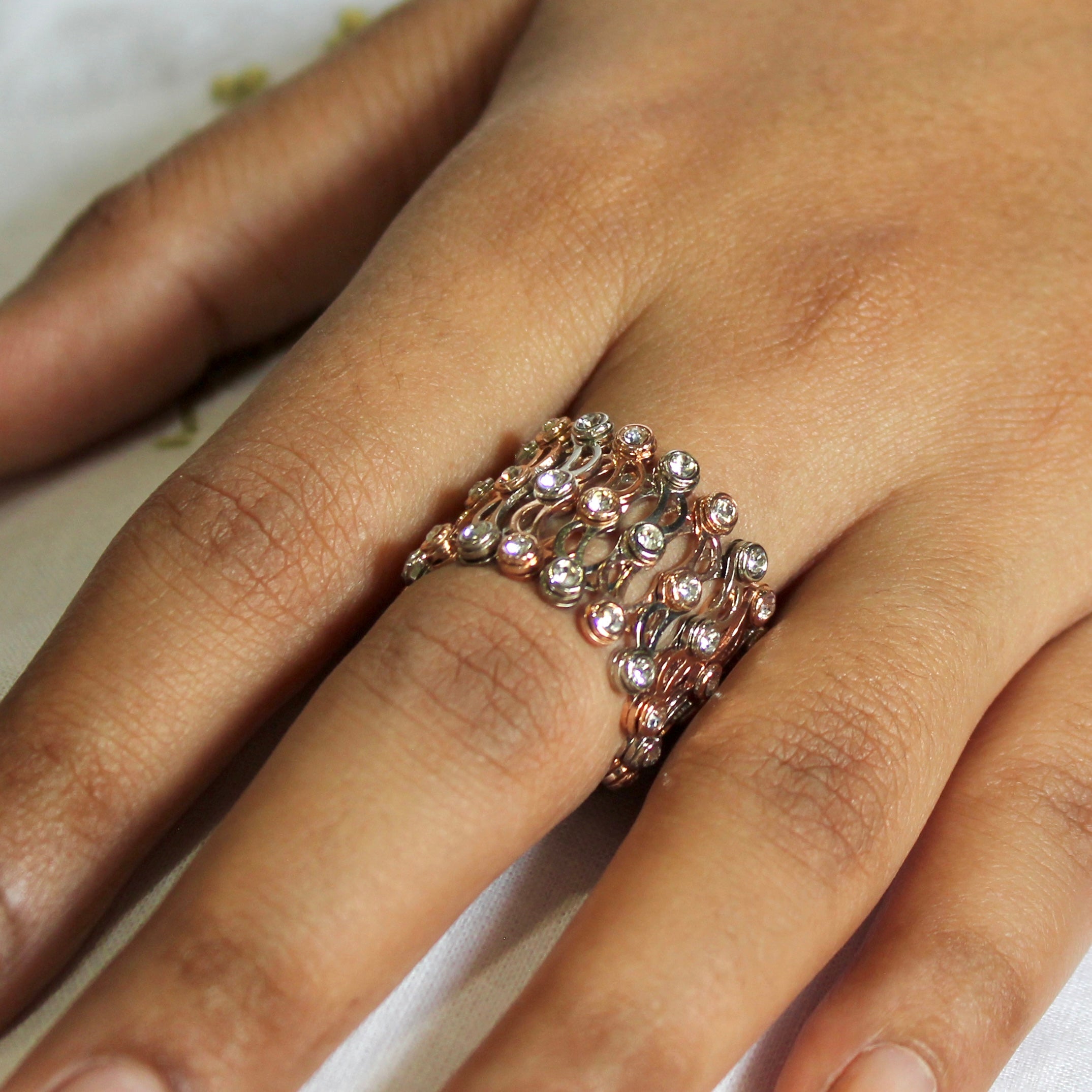 92.5 Sterling Silver Zigzag Ring cum Bracelet Rose gold with Stones