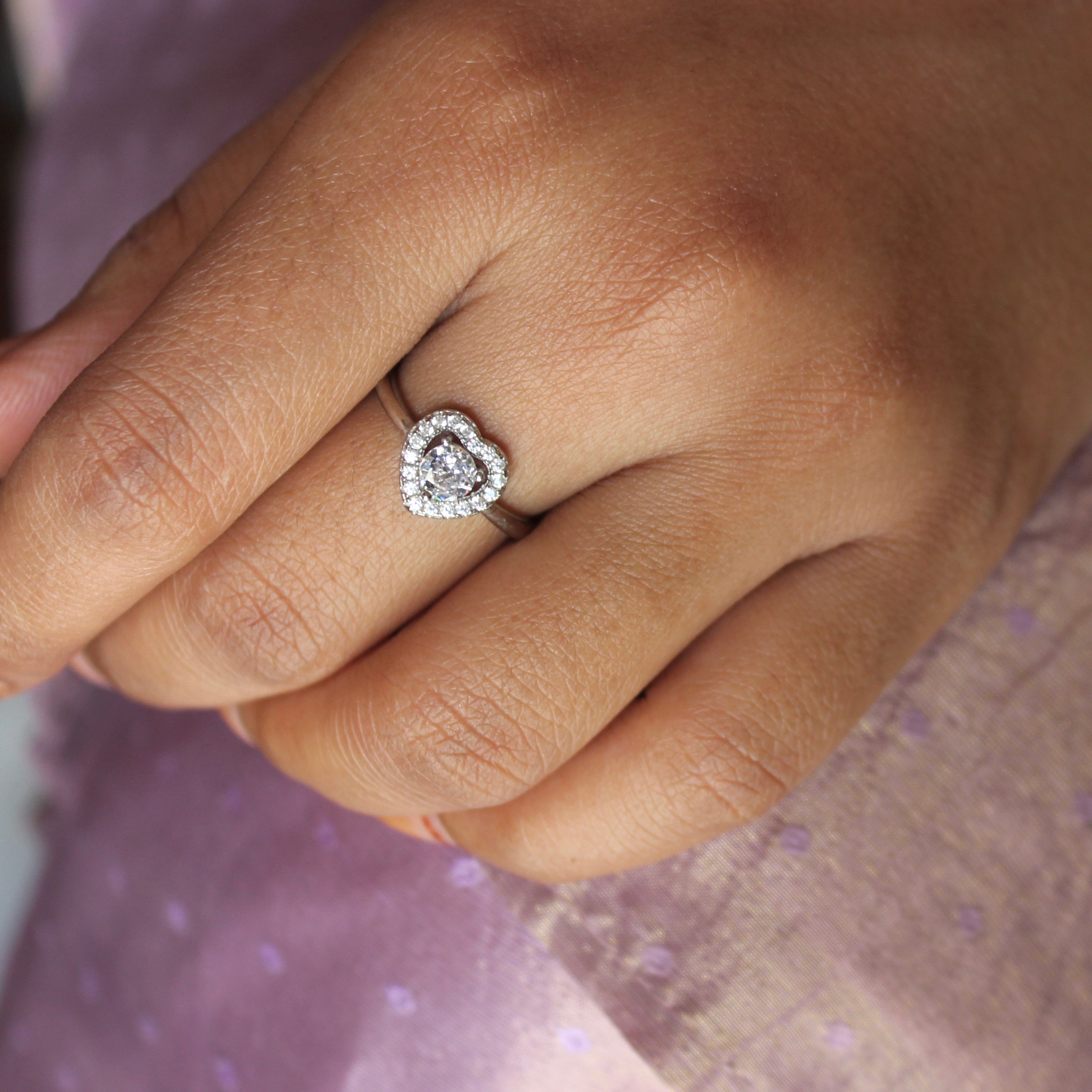 Zircon Stone Heart Charm 925 Silver Ring- Free size