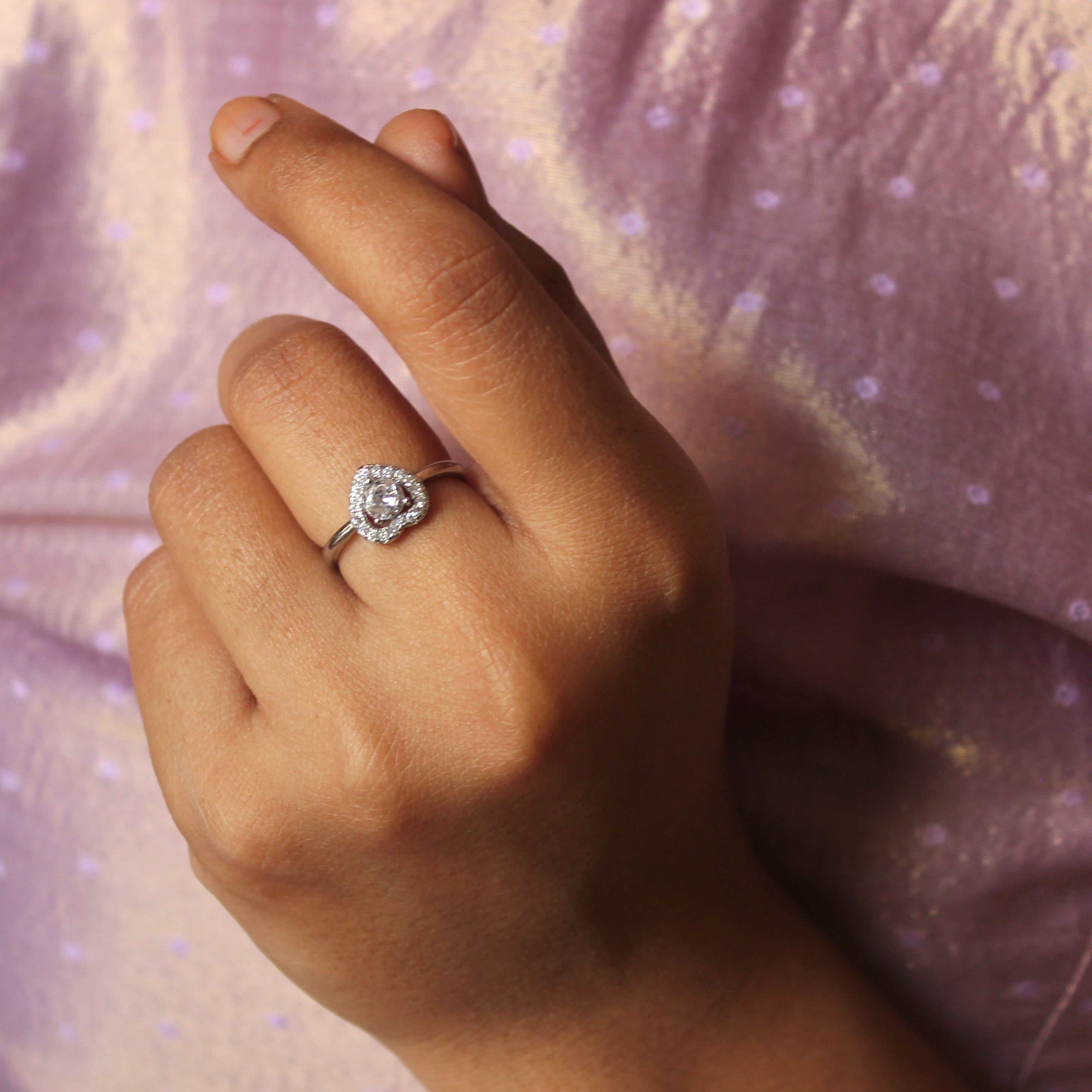 Zircon Stone Heart Charm 925 Silver Ring- Free size