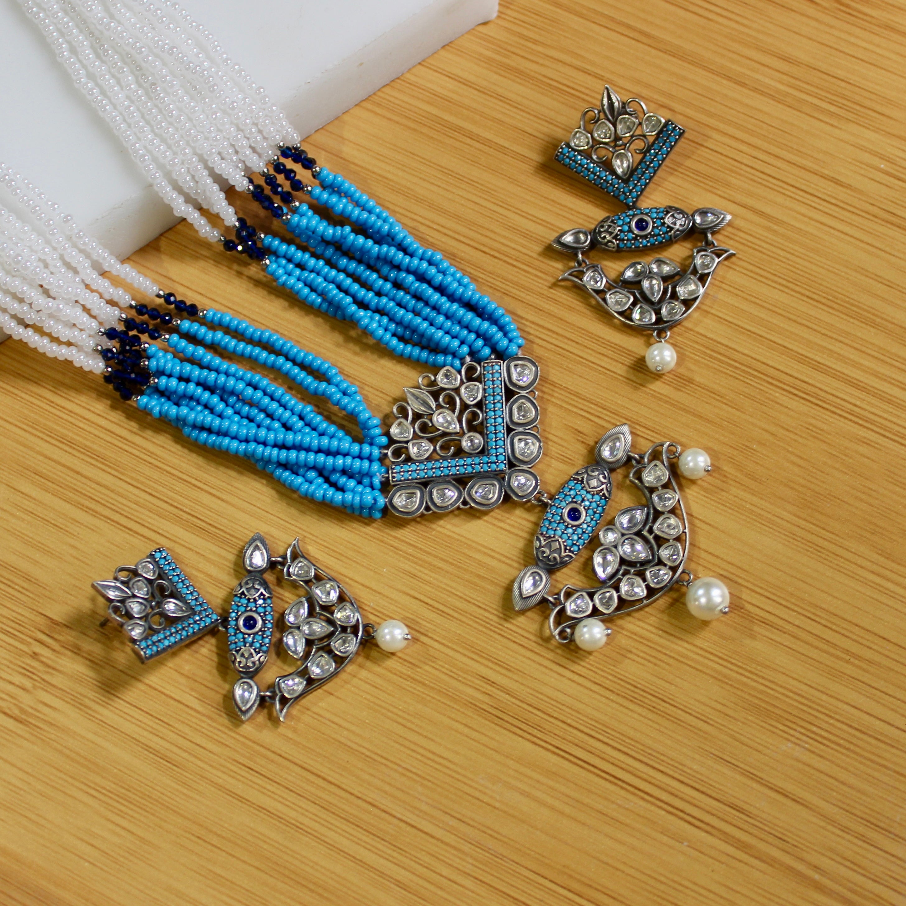 Blue & Zircon Stones Antique 925 Silver Long Necklace With Silver Jhumkas