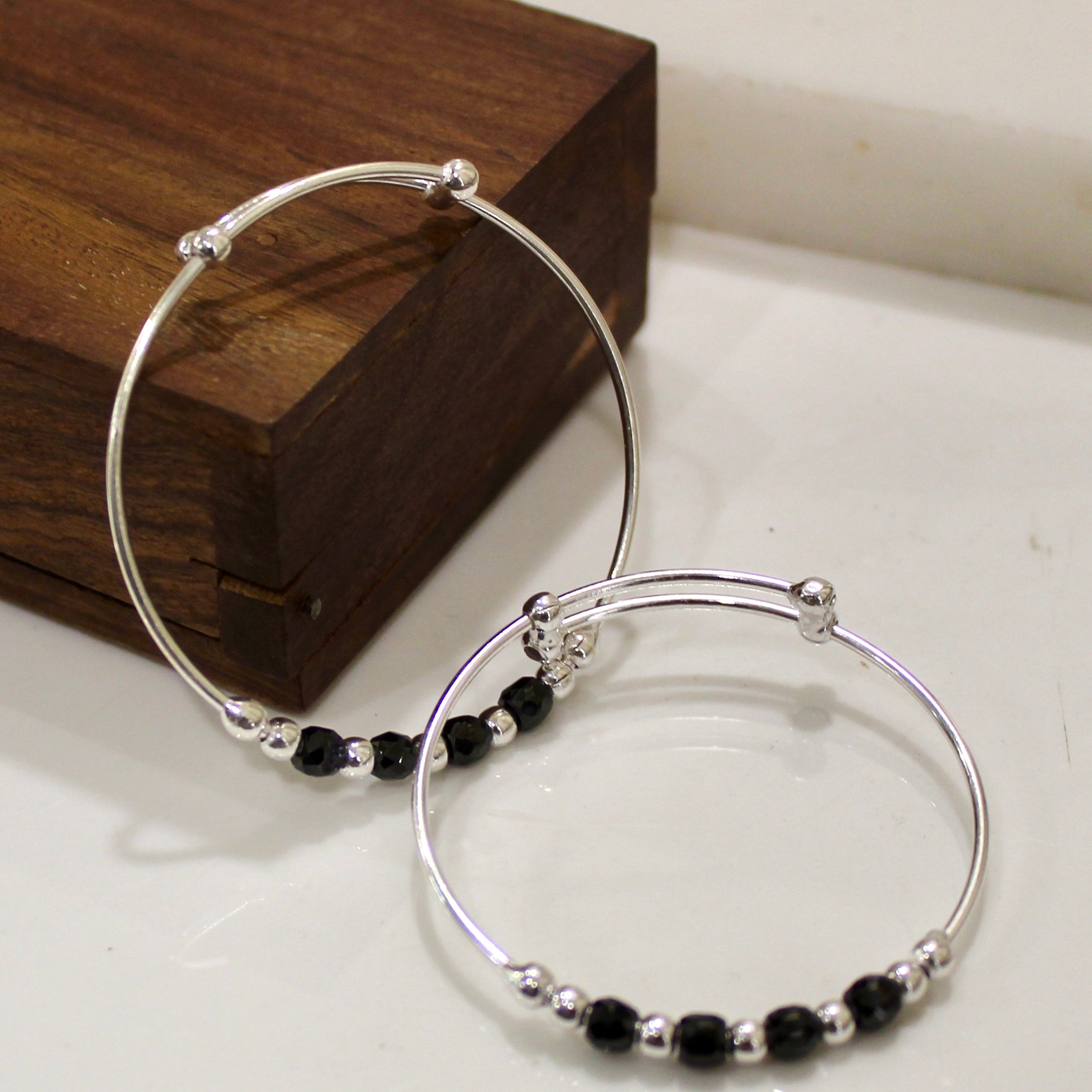 Black Beads Baby Adjustable Silver Bangles- Pair
