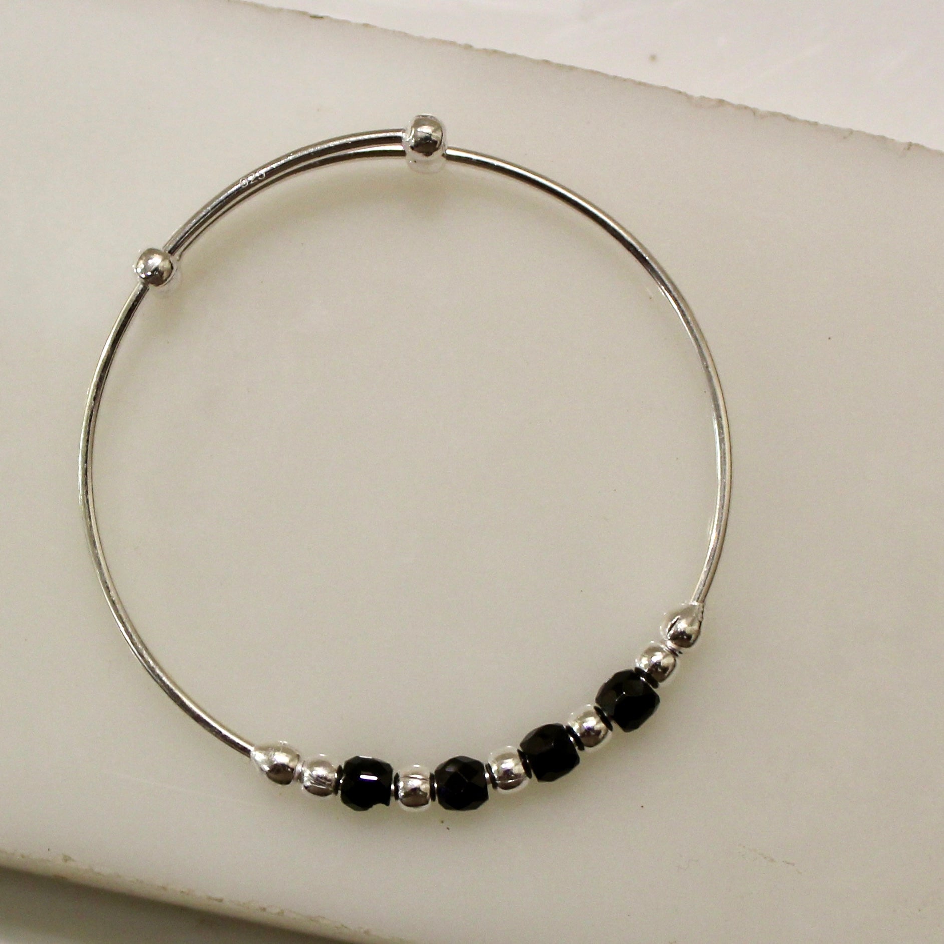 Black Beads Baby Adjustable Silver Bangles- Pair