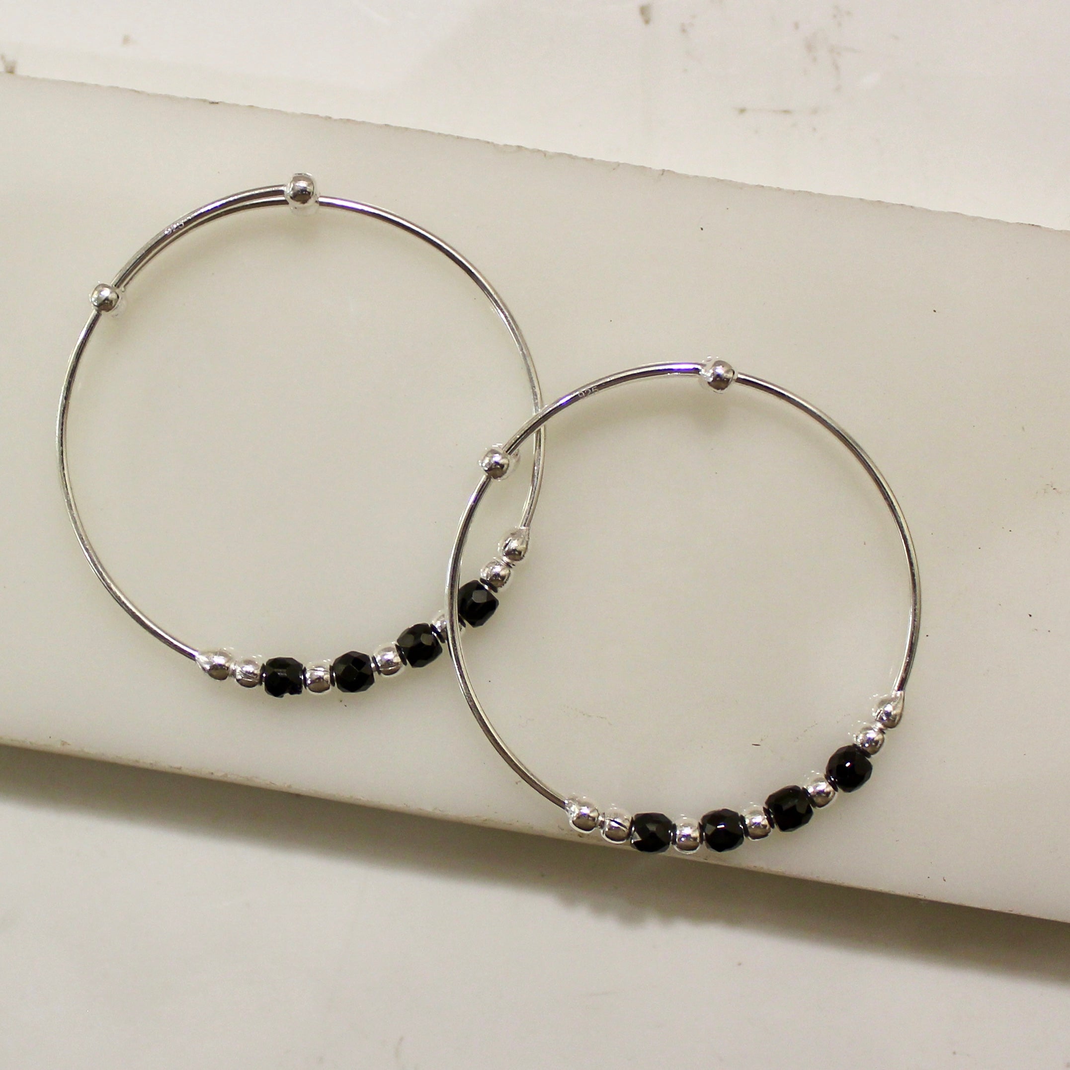 Black Beads Baby Adjustable Silver Bangles- Pair
