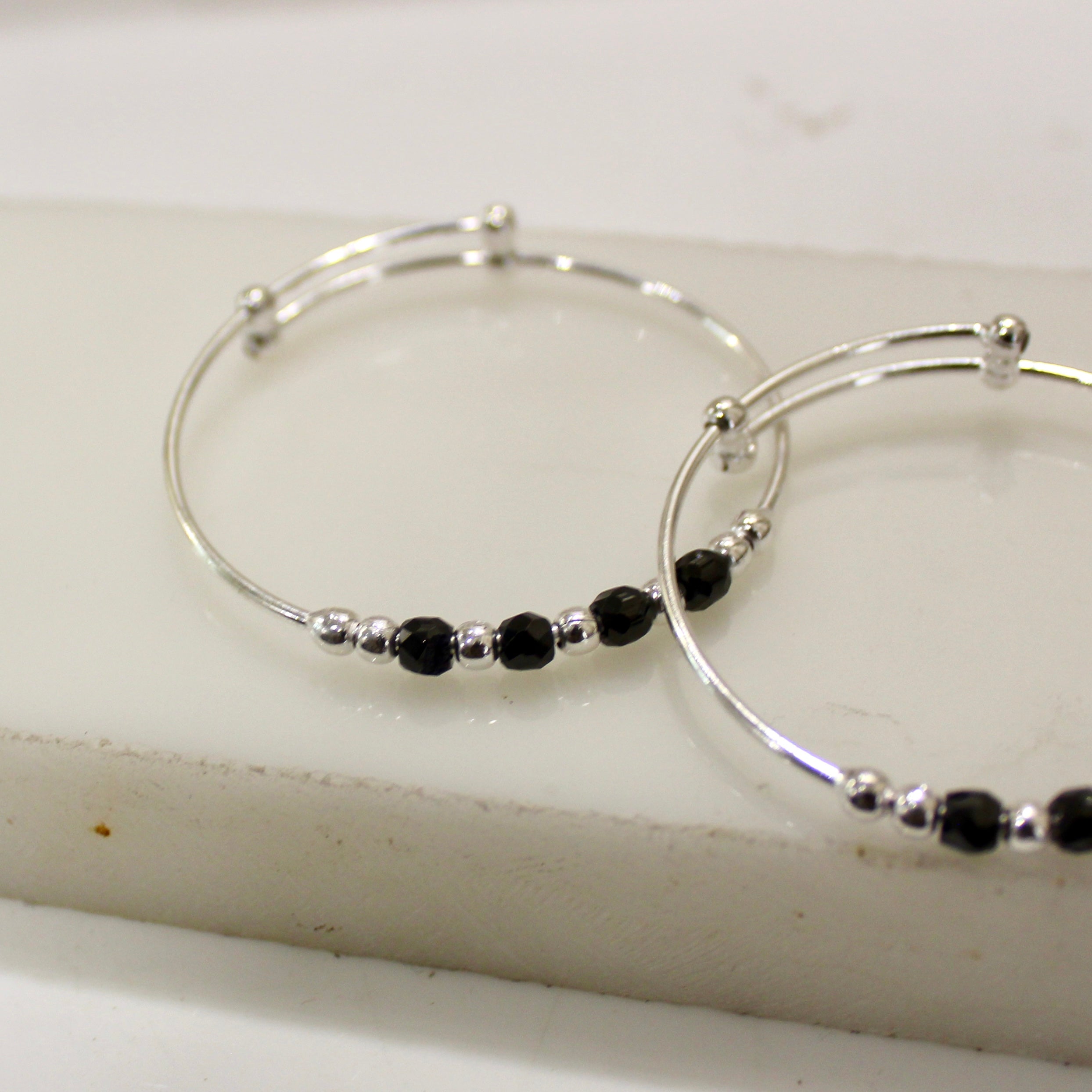 Black Beads Baby Adjustable Silver Bangles- Pair