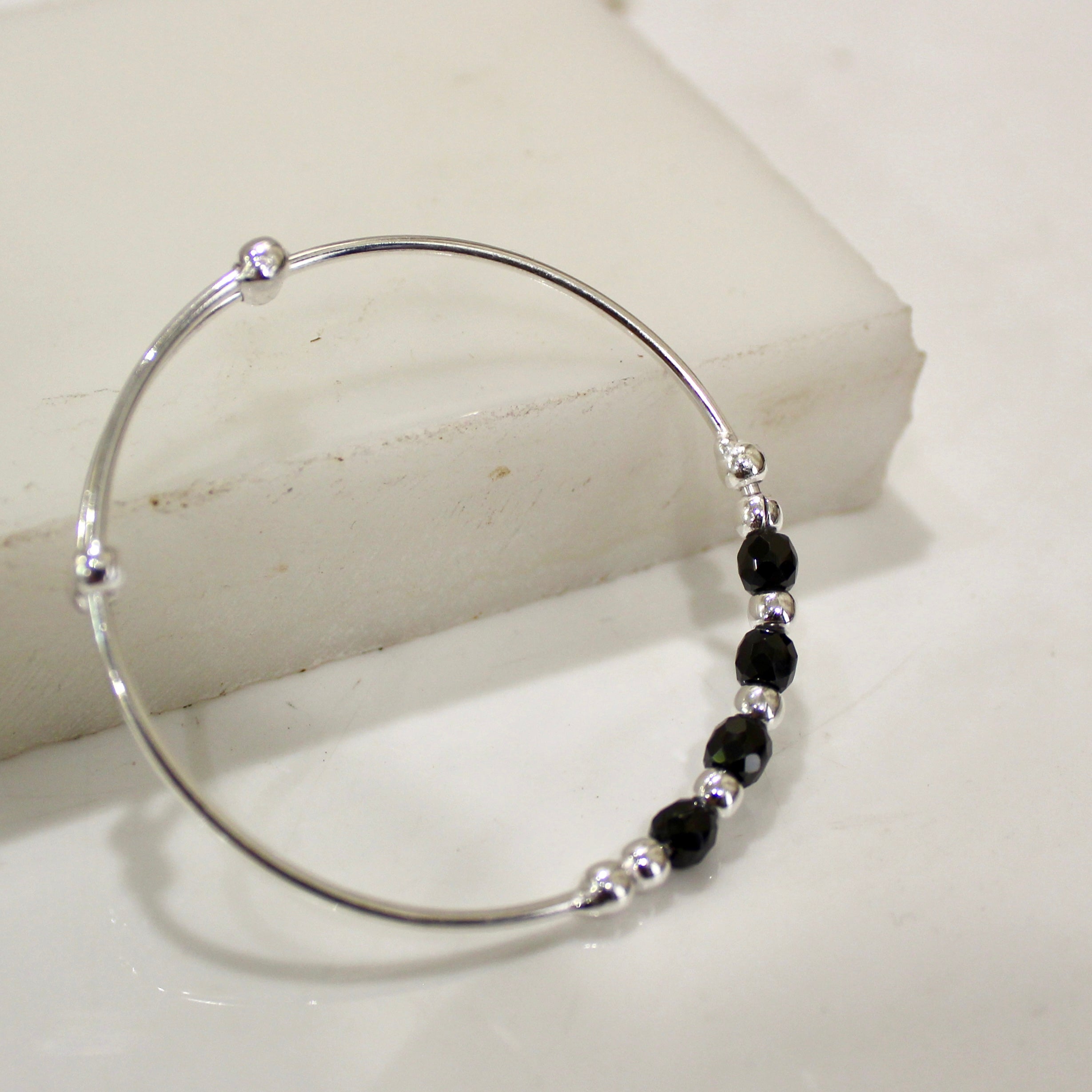 Black Beads Baby Adjustable Silver Bangles- Pair