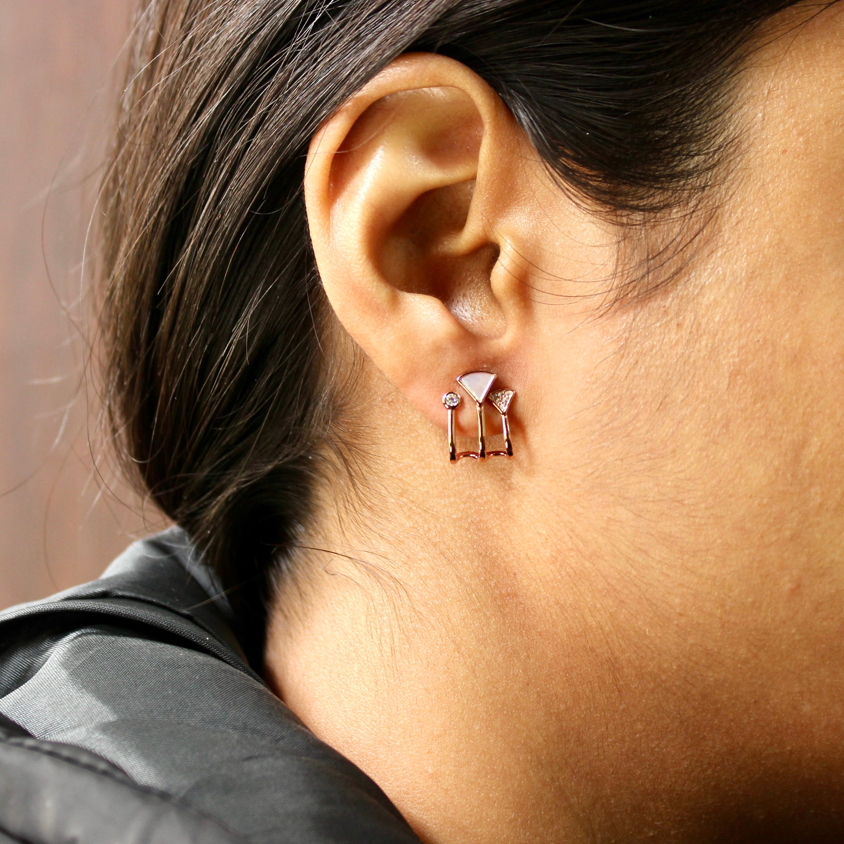 3 Lined Zircon Stones Studs in Rose Gold polish 925 Silver