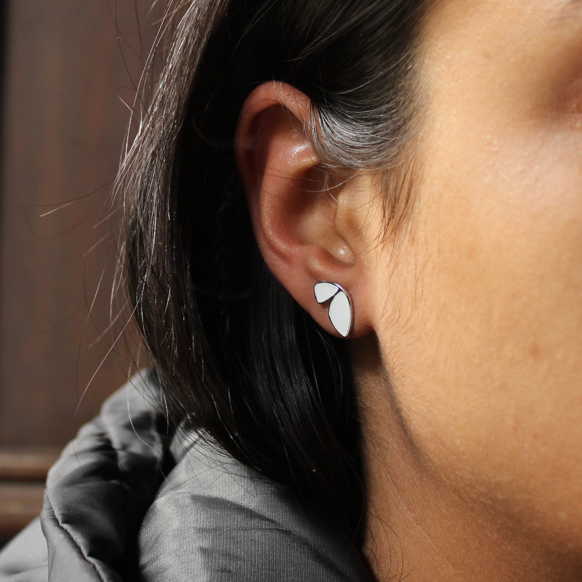 Half Butterfly White Polish Studs in 925 Silver