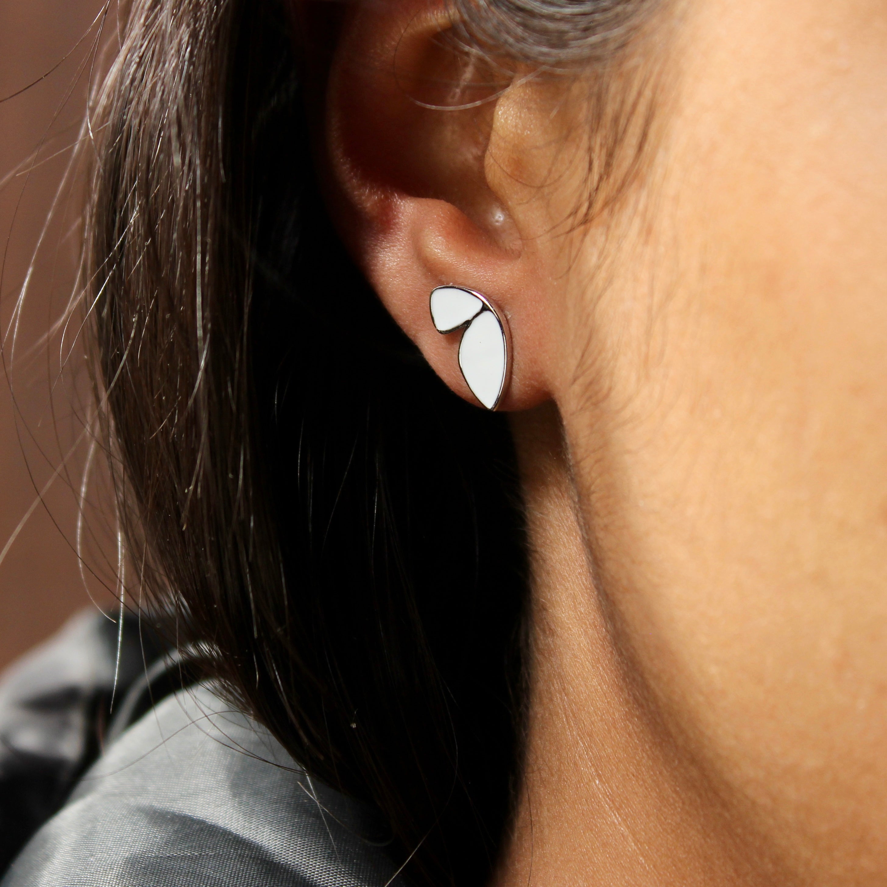 Half Butterfly White Polish Studs in 925 Silver