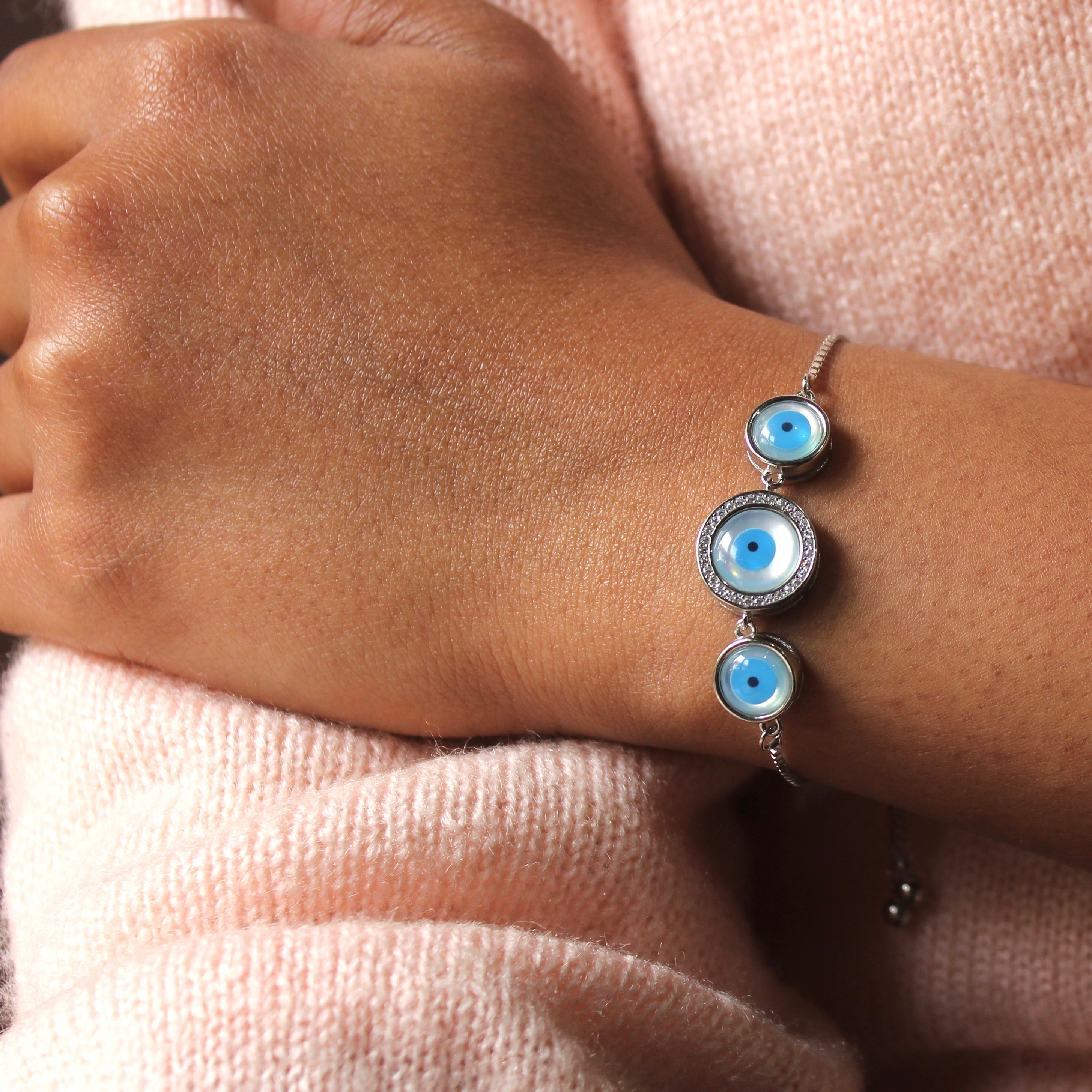 3 Circles Evil Eye Pure Silver Adjustable Bracelet in 925 Silver