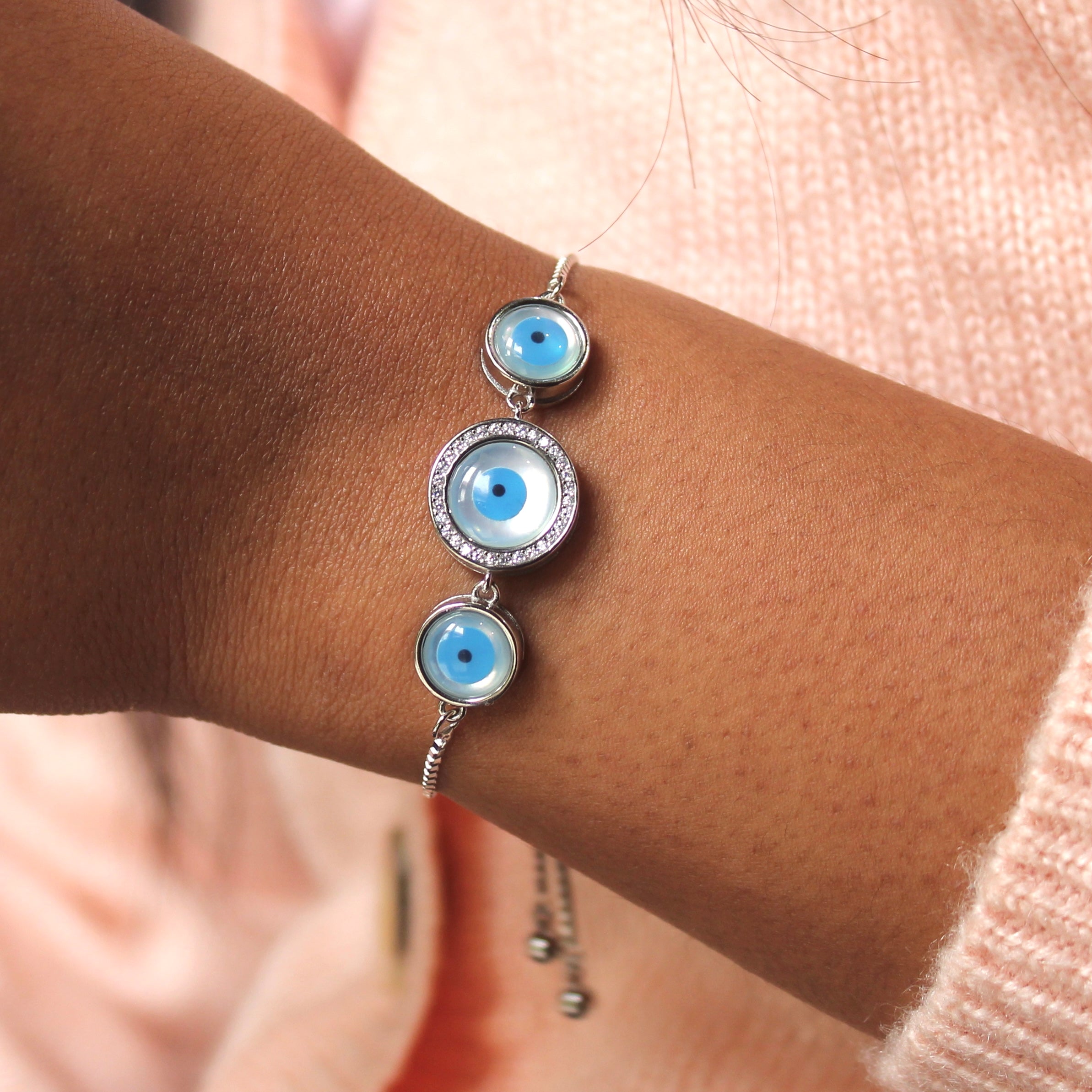 3 Circles Evil Eye Pure Silver Adjustable Bracelet in 925 Silver