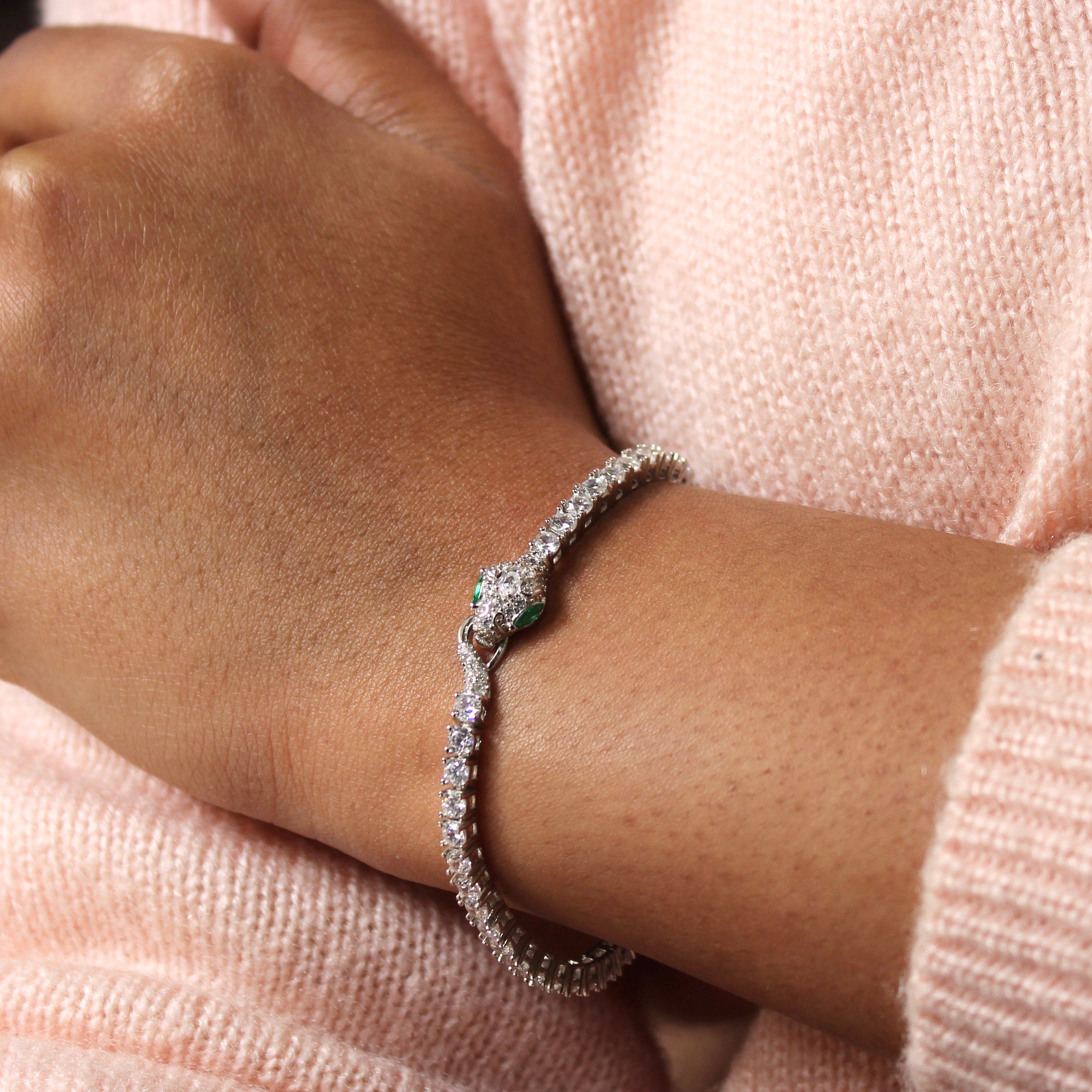 Tennis Stones Pure Silver Bracelet With Snake Opening in 925 Silver