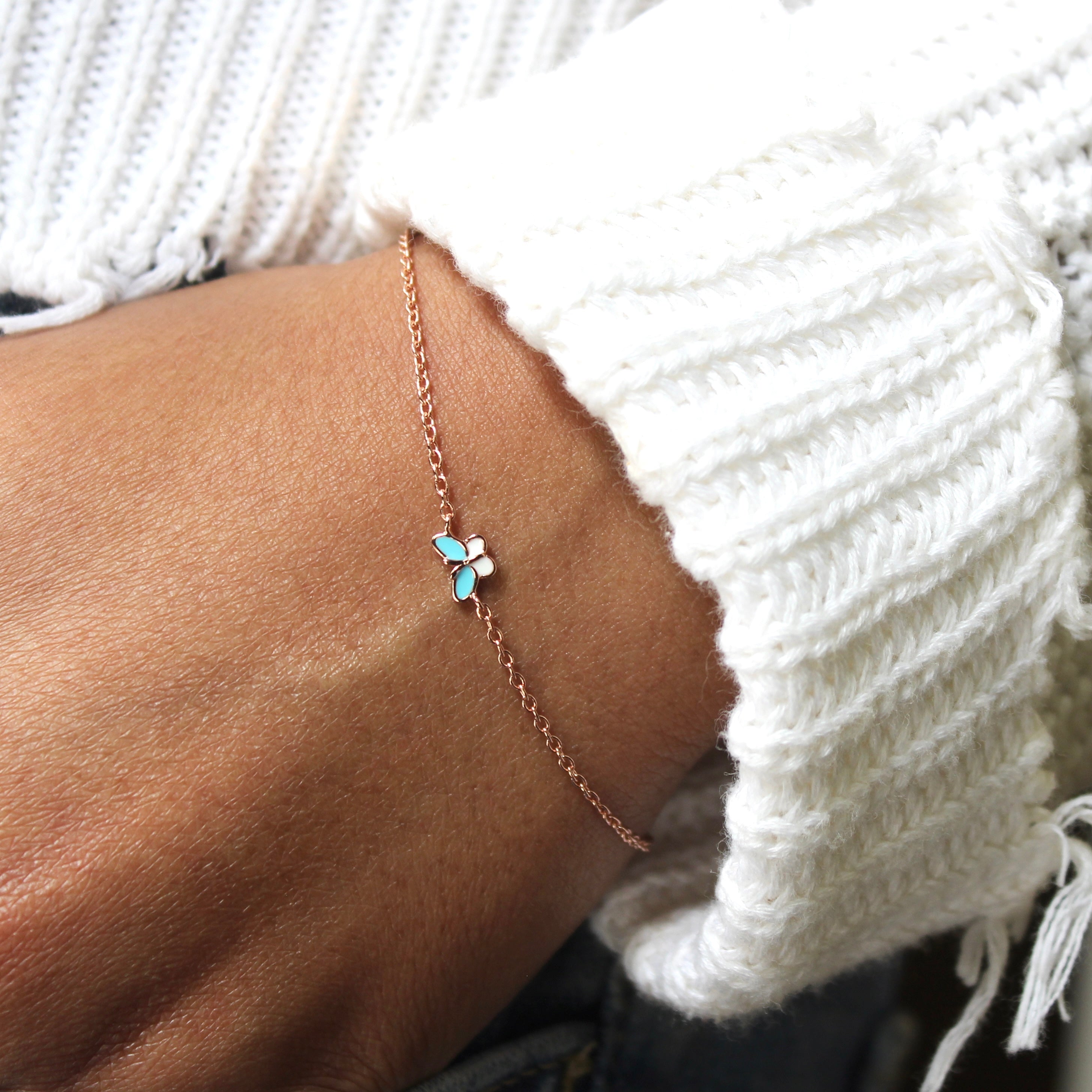 Butterfly Charm 925 Silver Minimal Bracelet in Rose Gold