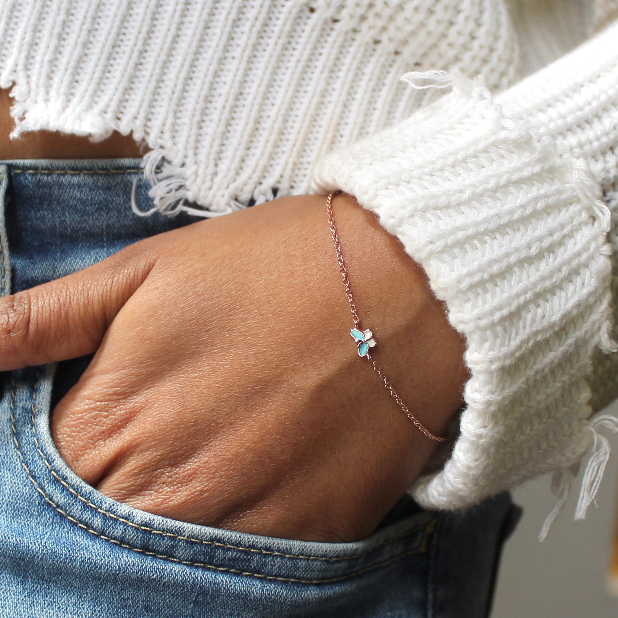 Butterfly Charm 925 Silver Minimal Bracelet in Rose Gold