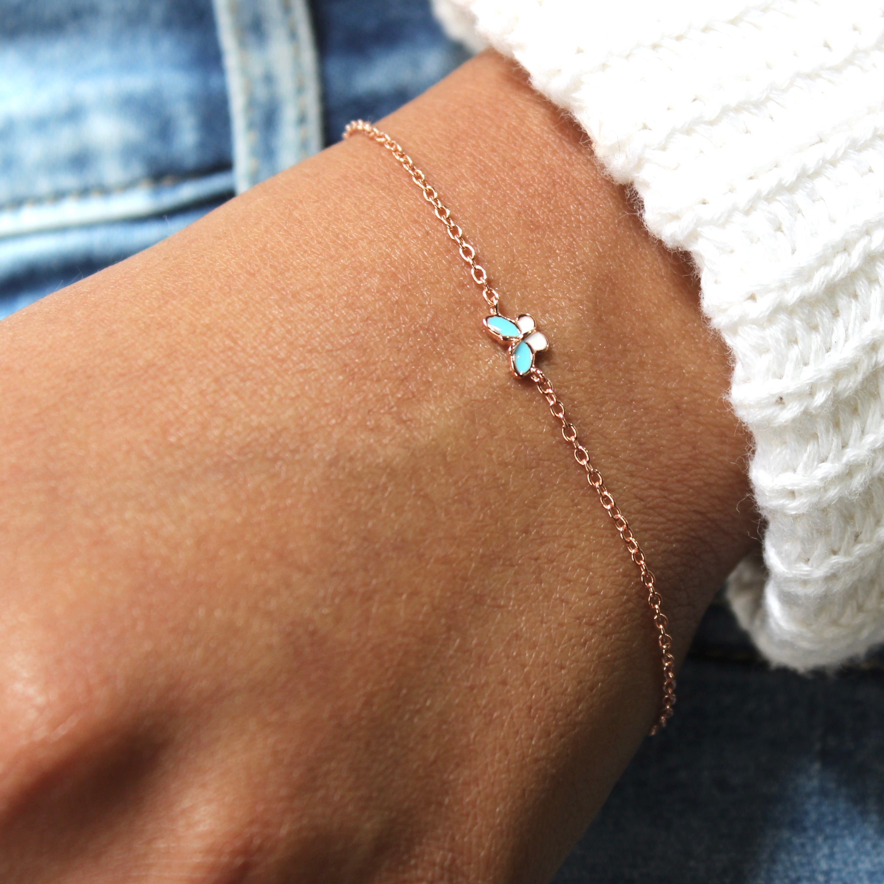 Butterfly Charm 925 Silver Minimal Bracelet in Rose Gold