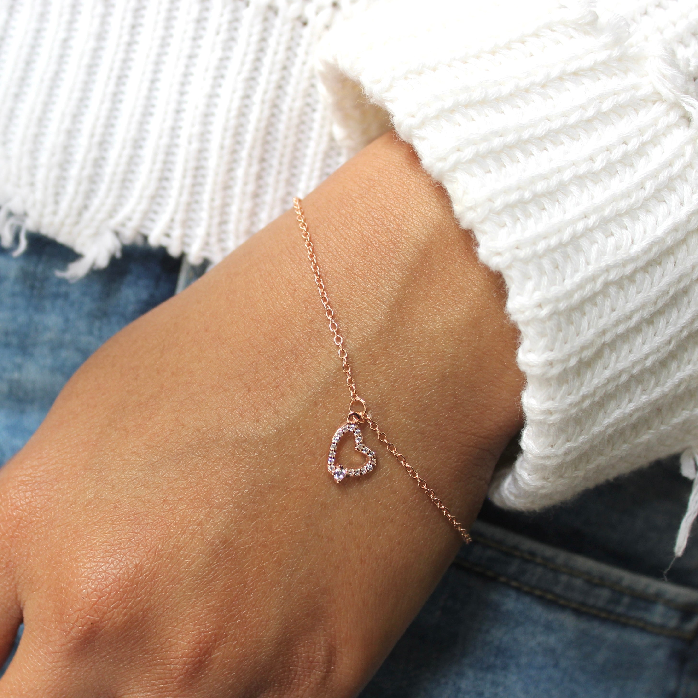 Heart Charm Minimal Rose Gold Silver Bracelet