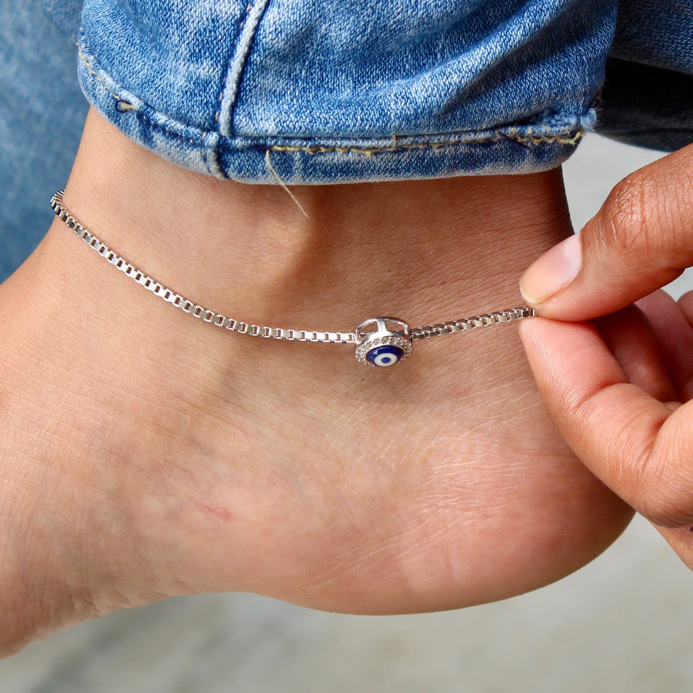 Evil Eye 925 Pure Silver Chain Anklet- Single Piece