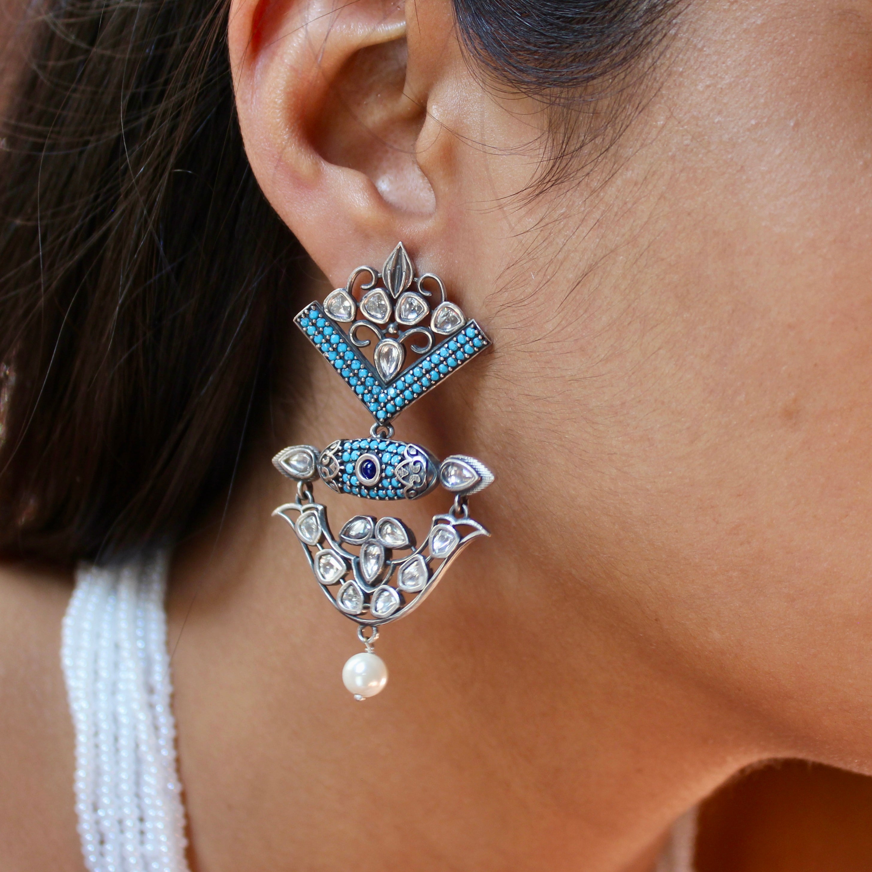 Blue & Zircon Stones Antique 925 Silver Long Necklace With Silver Jhumkas