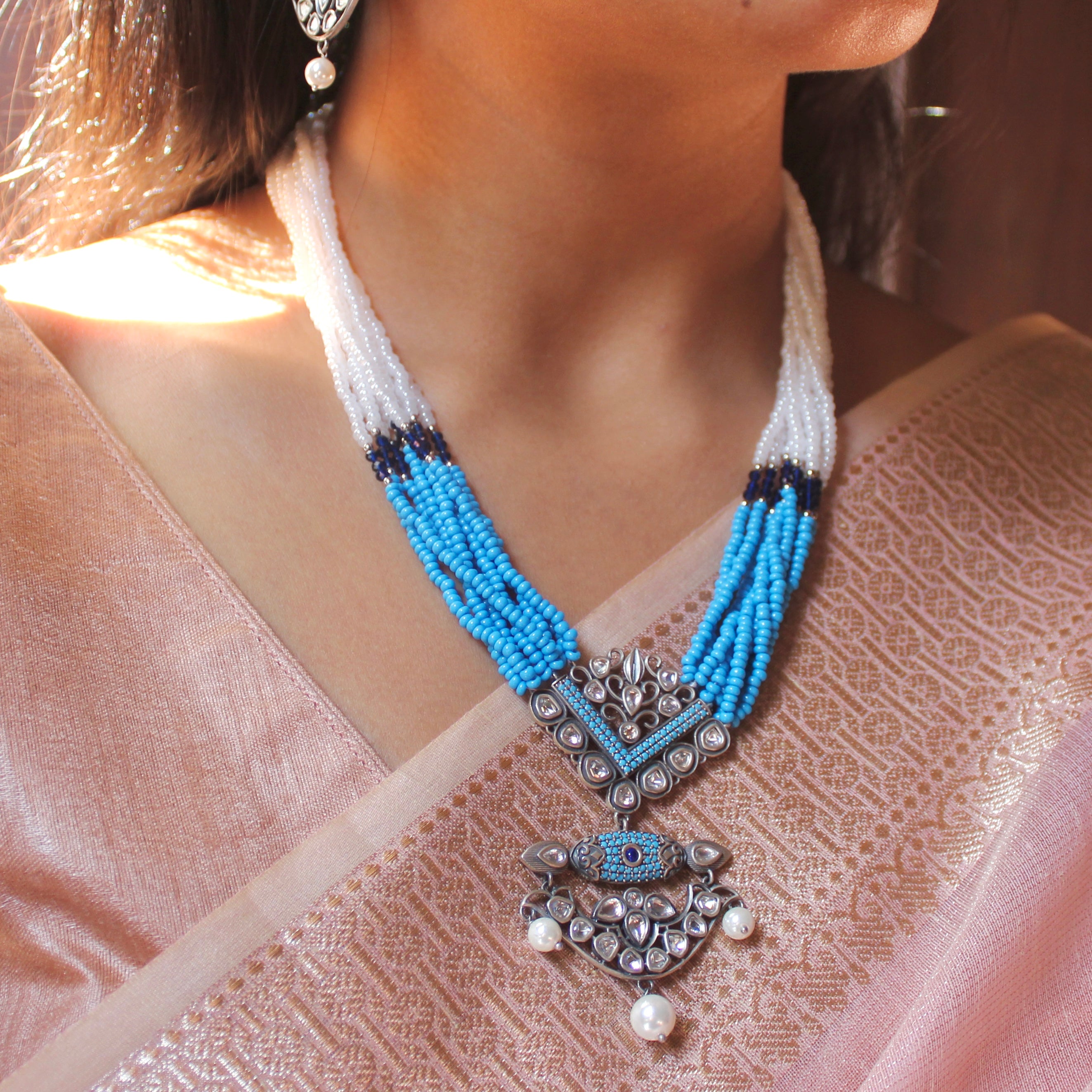 Blue & Zircon Stones Antique 925 Silver Long Necklace With Silver Jhumkas