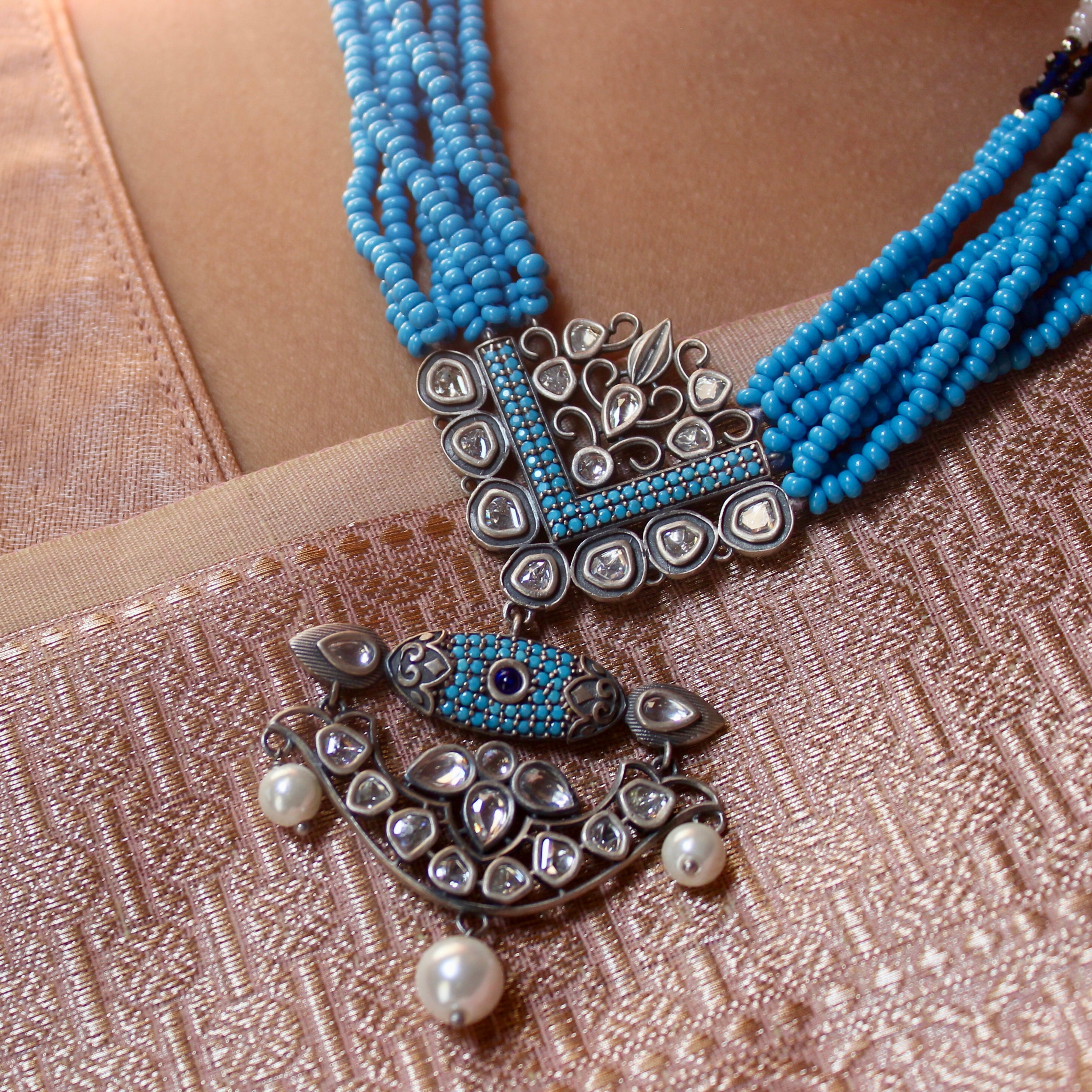 Blue & Zircon Stones Antique 925 Silver Long Necklace With Silver Jhumkas