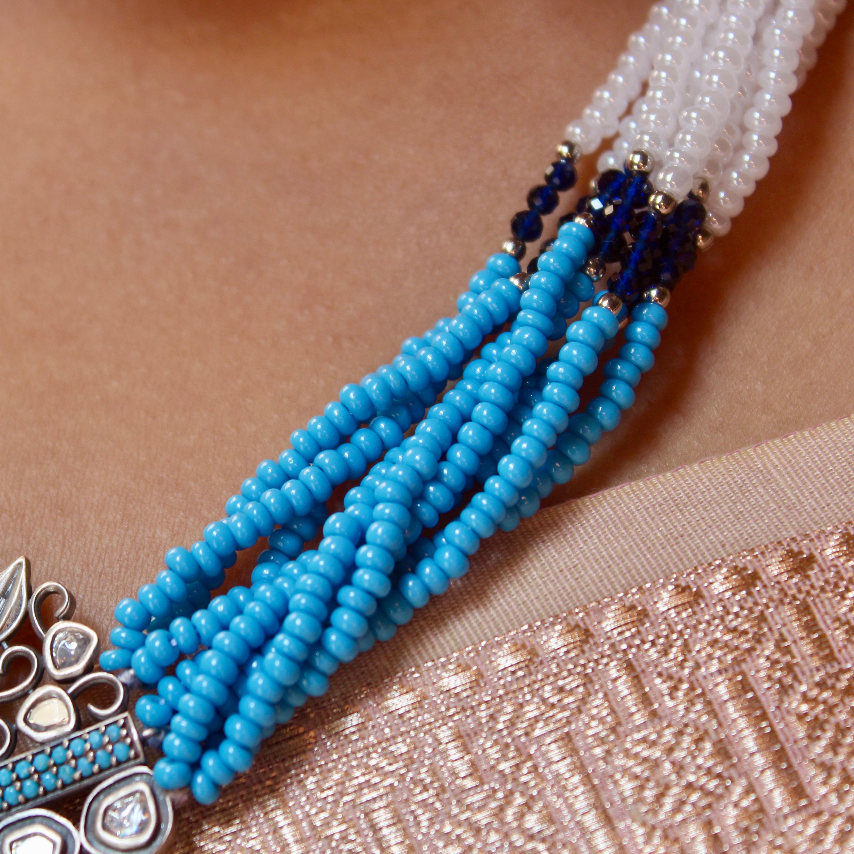 Blue & Zircon Stones Antique 925 Silver Long Necklace With Silver Jhumkas